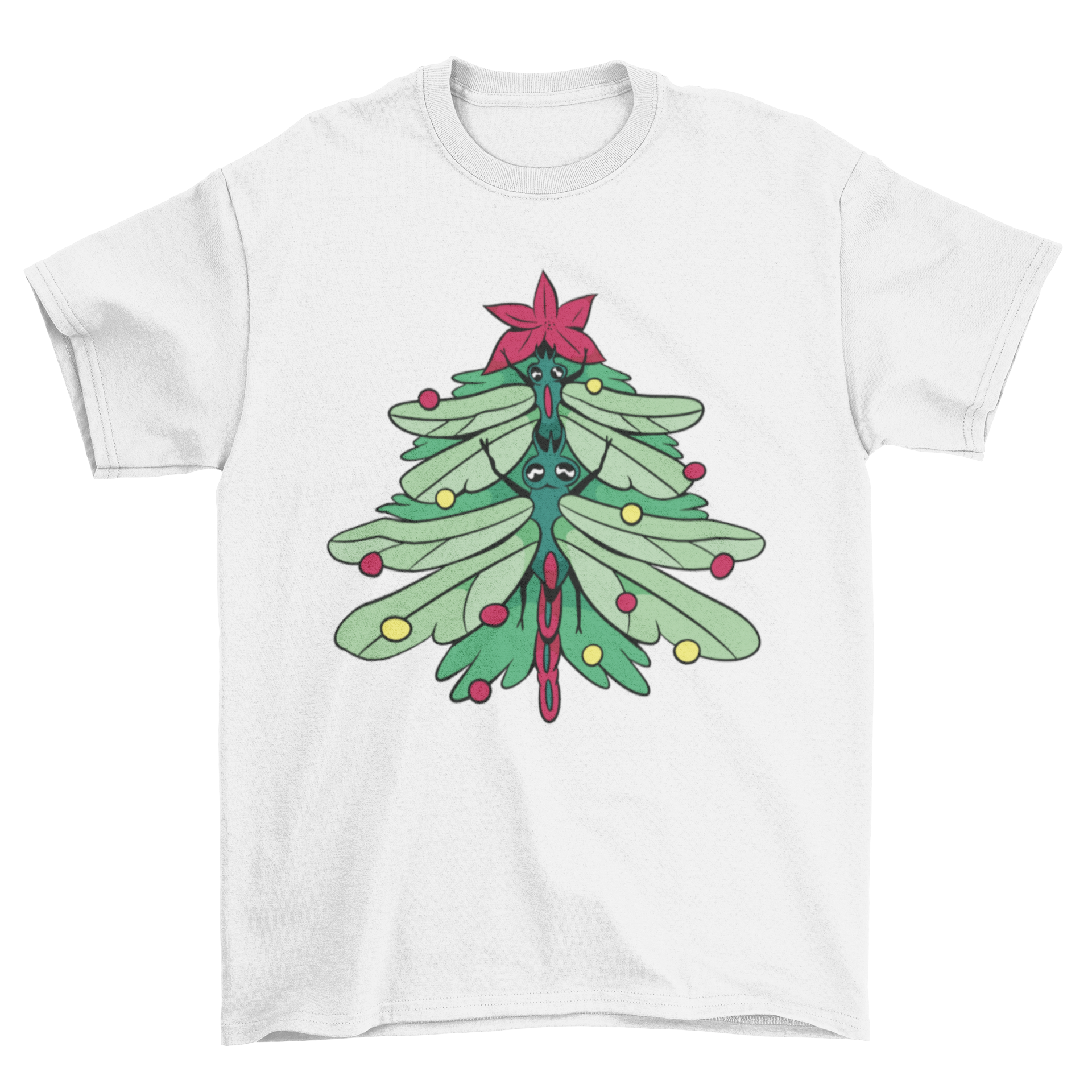 A festive t-shirt featuring a Christmas tree design made from colorful dragonflies, perfect for holiday celebrations.