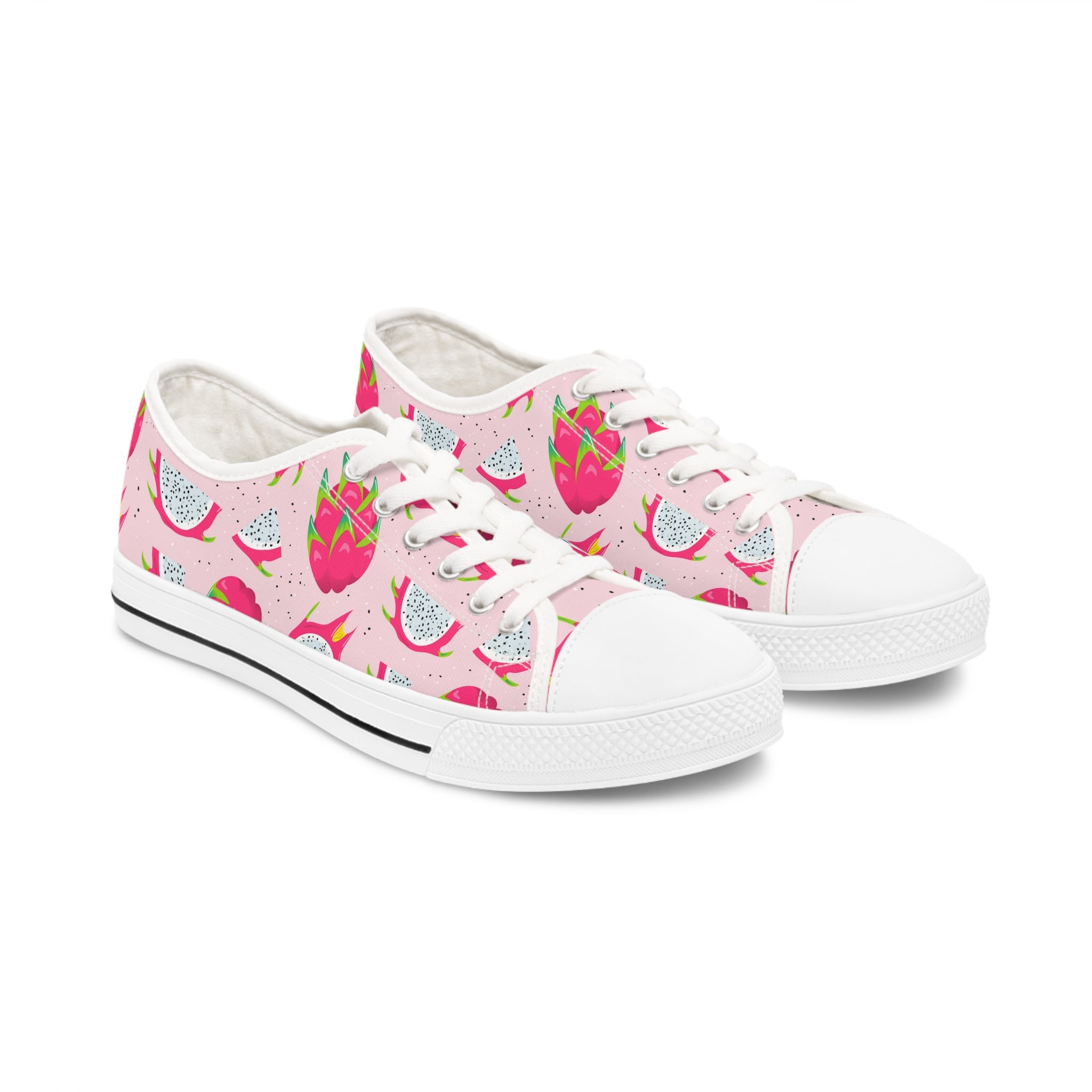 A pair of Dragonfruit Women's Low Top Sneakers in black and white, showcasing breathable canvas, silver metal eyelets, and customizable design.