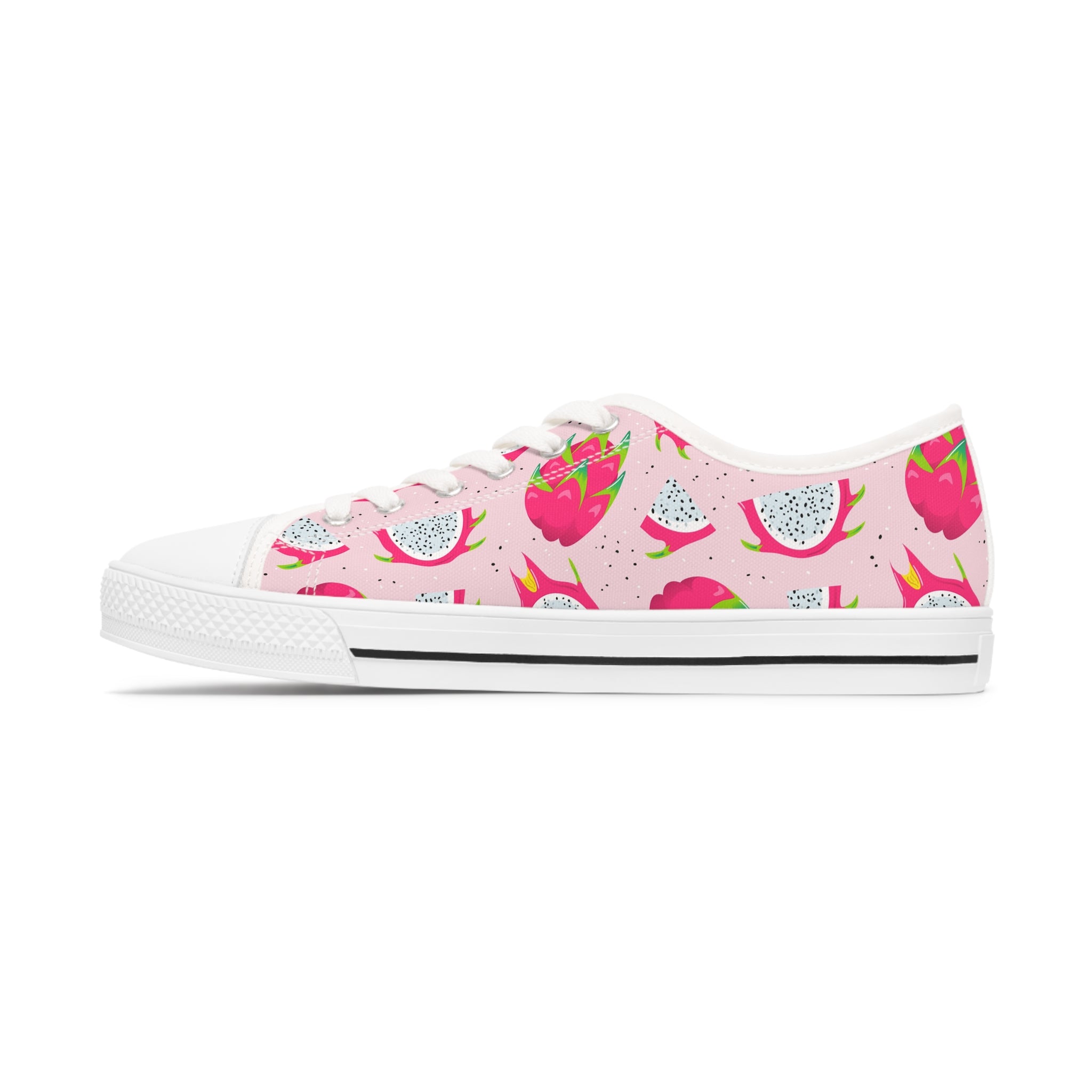 A pair of Dragonfruit Women's Low Top Sneakers in black and white, showcasing breathable canvas, silver metal eyelets, and customizable design.