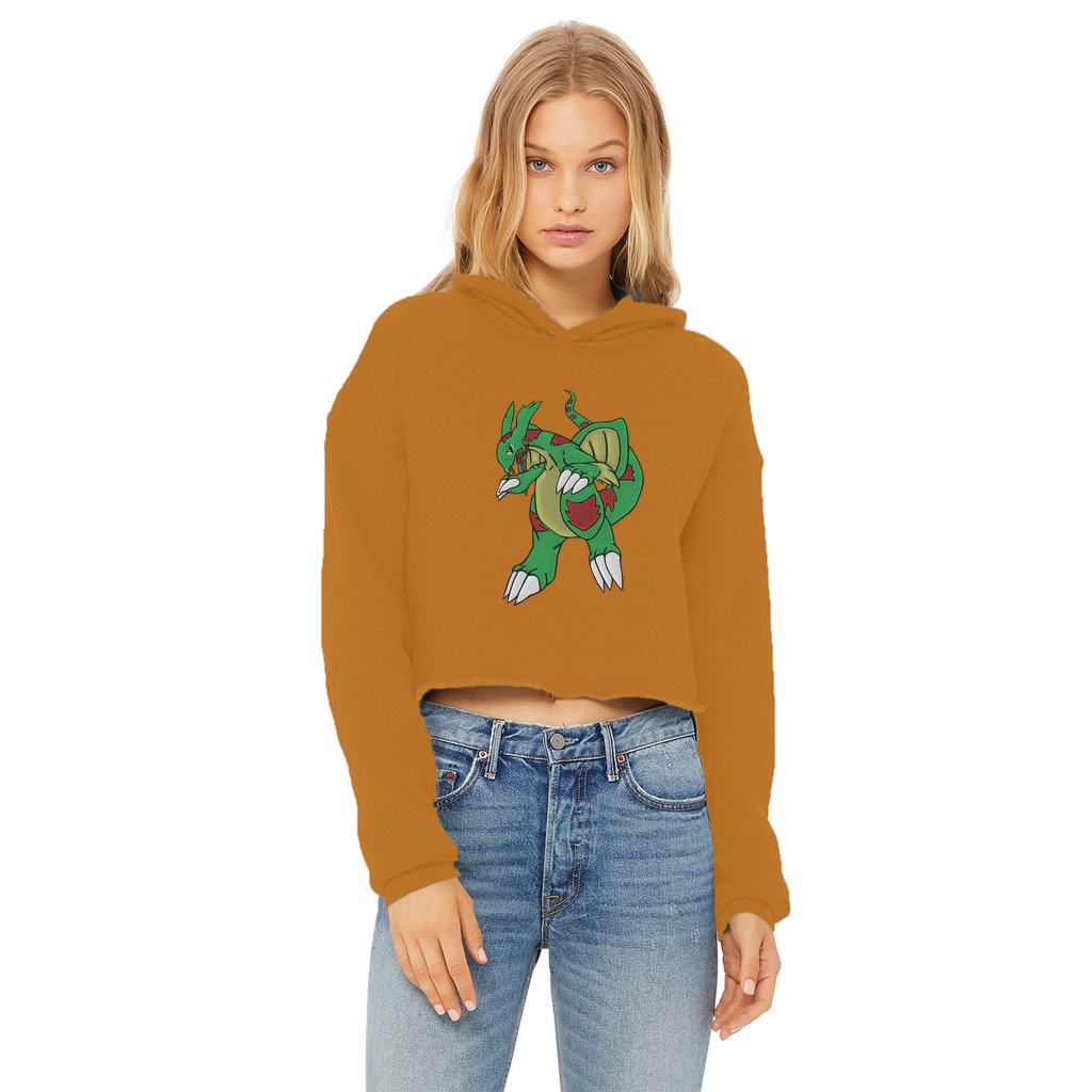 Draggor Ladies Cropped Raw Edge Hoodie in various colors, showcasing the raw edge hem and double fabric hood.