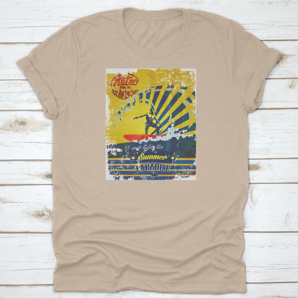 A stylish summer shirt featuring a vibrant Hawaii surf beach scene design, perfect for beach lovers and surf enthusiasts.