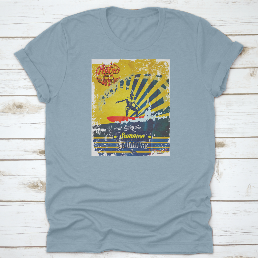 A stylish summer shirt featuring a vibrant Hawaii surf beach scene design, perfect for beach lovers and surf enthusiasts.