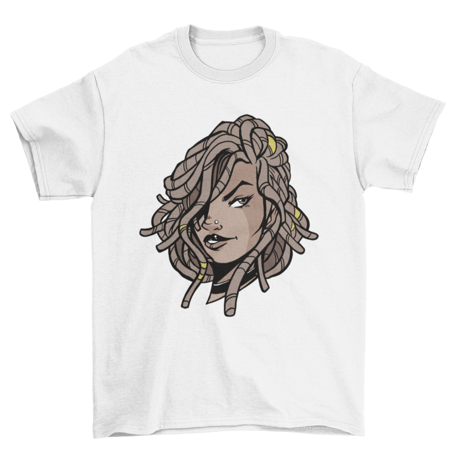 A stylish t-shirt featuring a black woman with dreadlocks, showcasing cultural beauty.