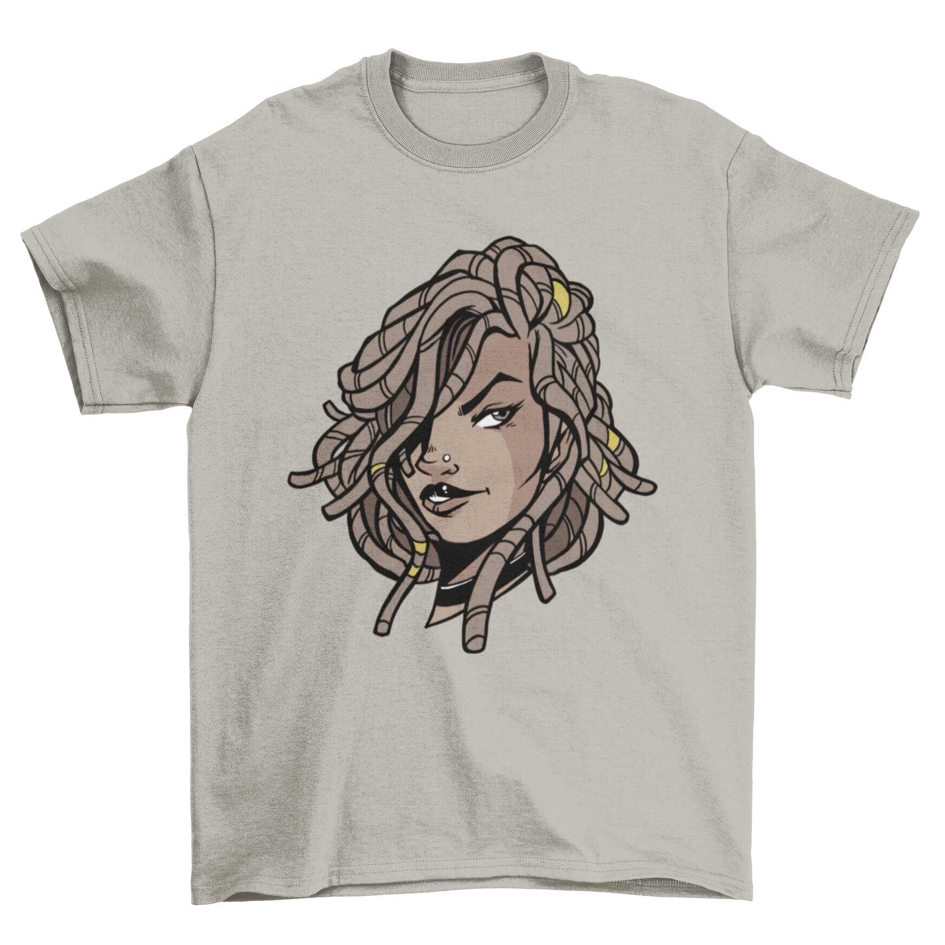A stylish t-shirt featuring a black woman with dreadlocks, showcasing cultural beauty.