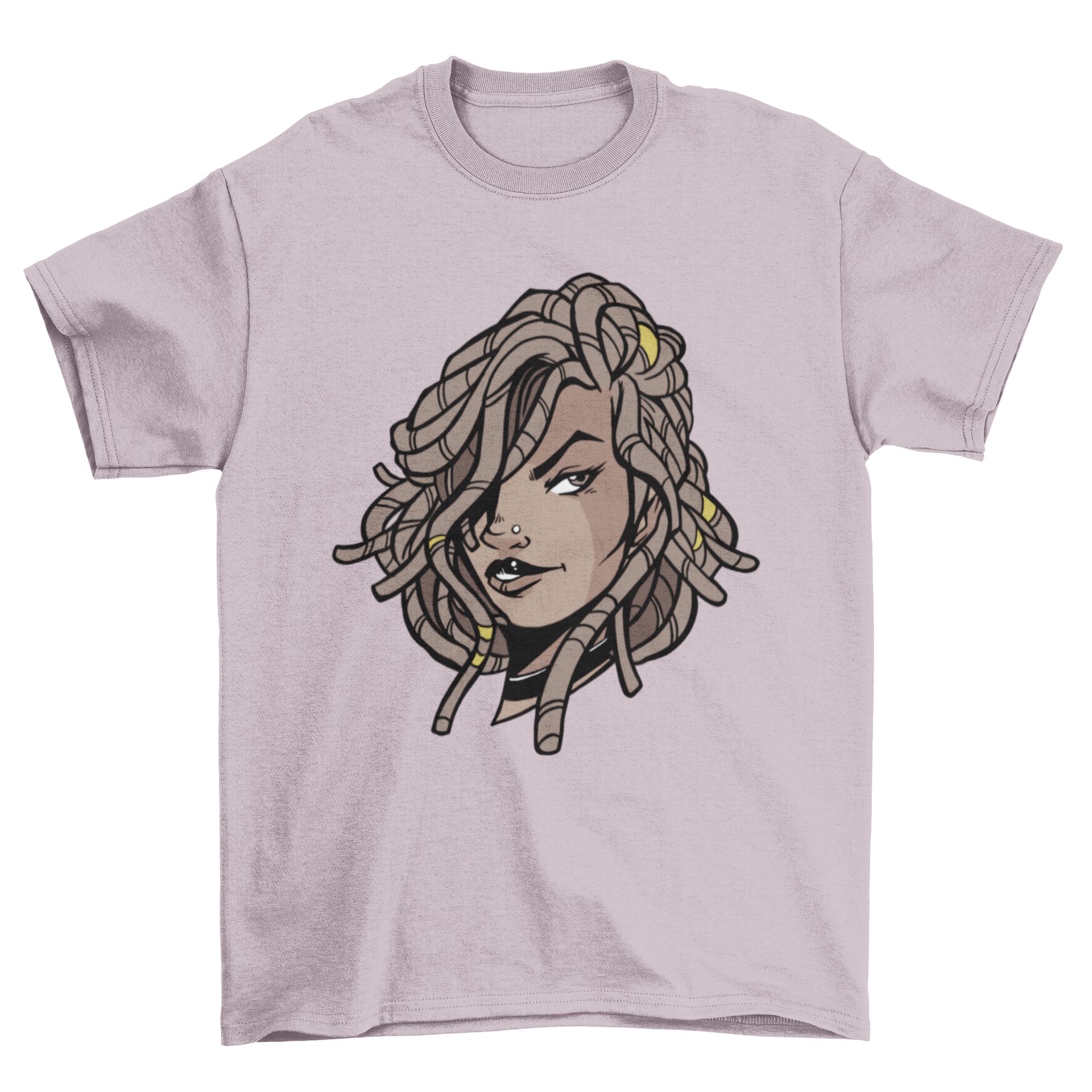 A stylish t-shirt featuring a black woman with dreadlocks, showcasing cultural beauty.