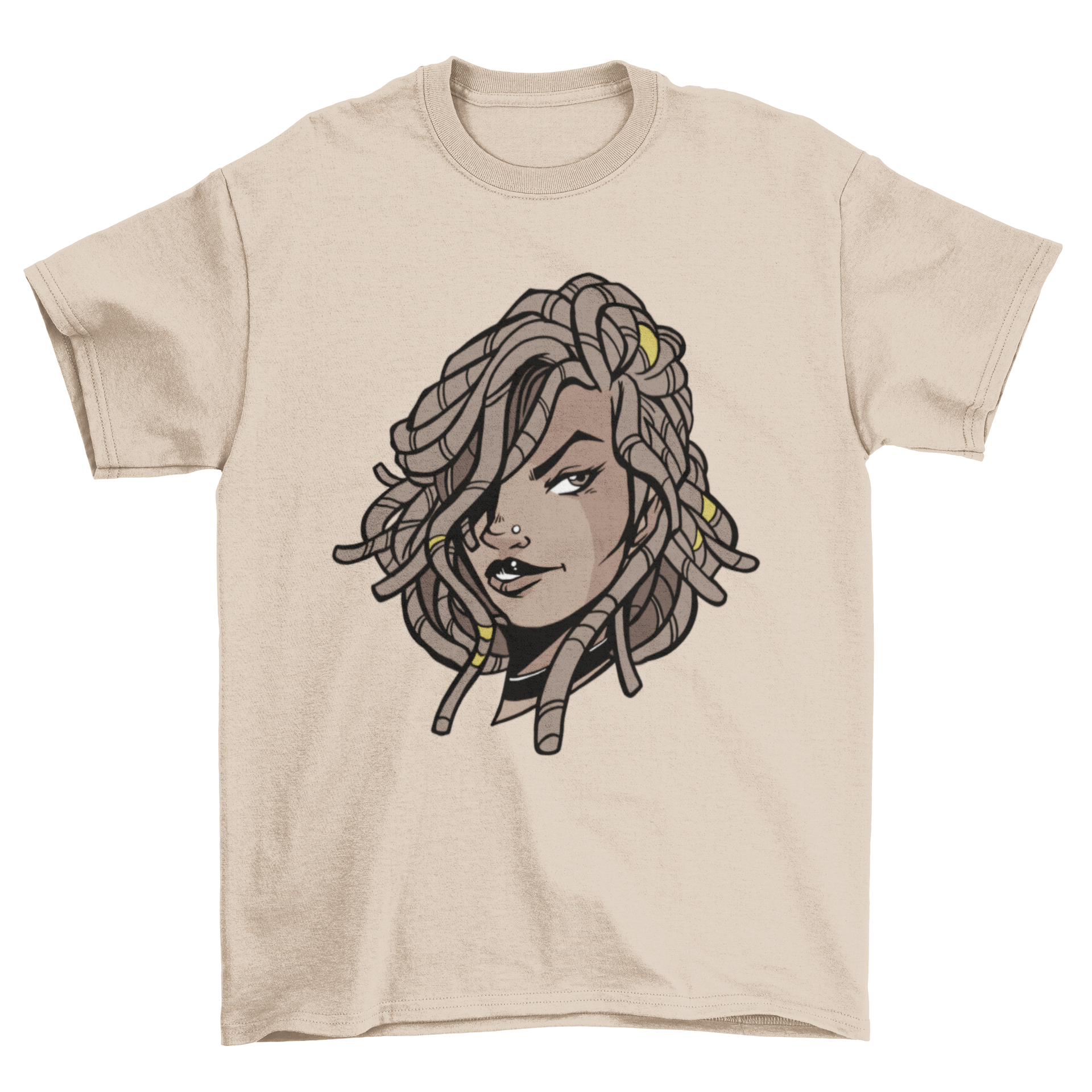 A stylish t-shirt featuring a black woman with dreadlocks, showcasing cultural beauty.