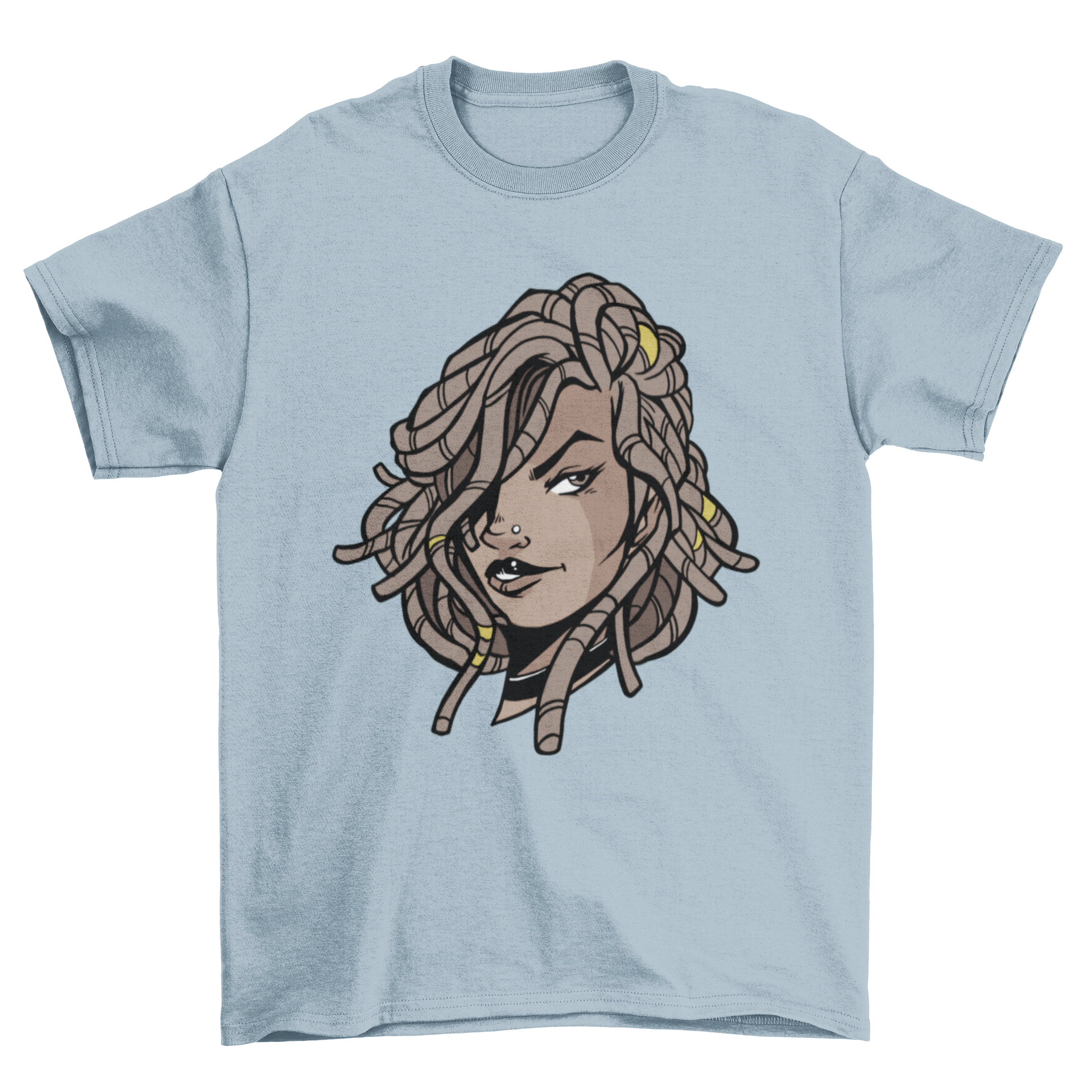 A stylish t-shirt featuring a black woman with dreadlocks, showcasing cultural beauty.