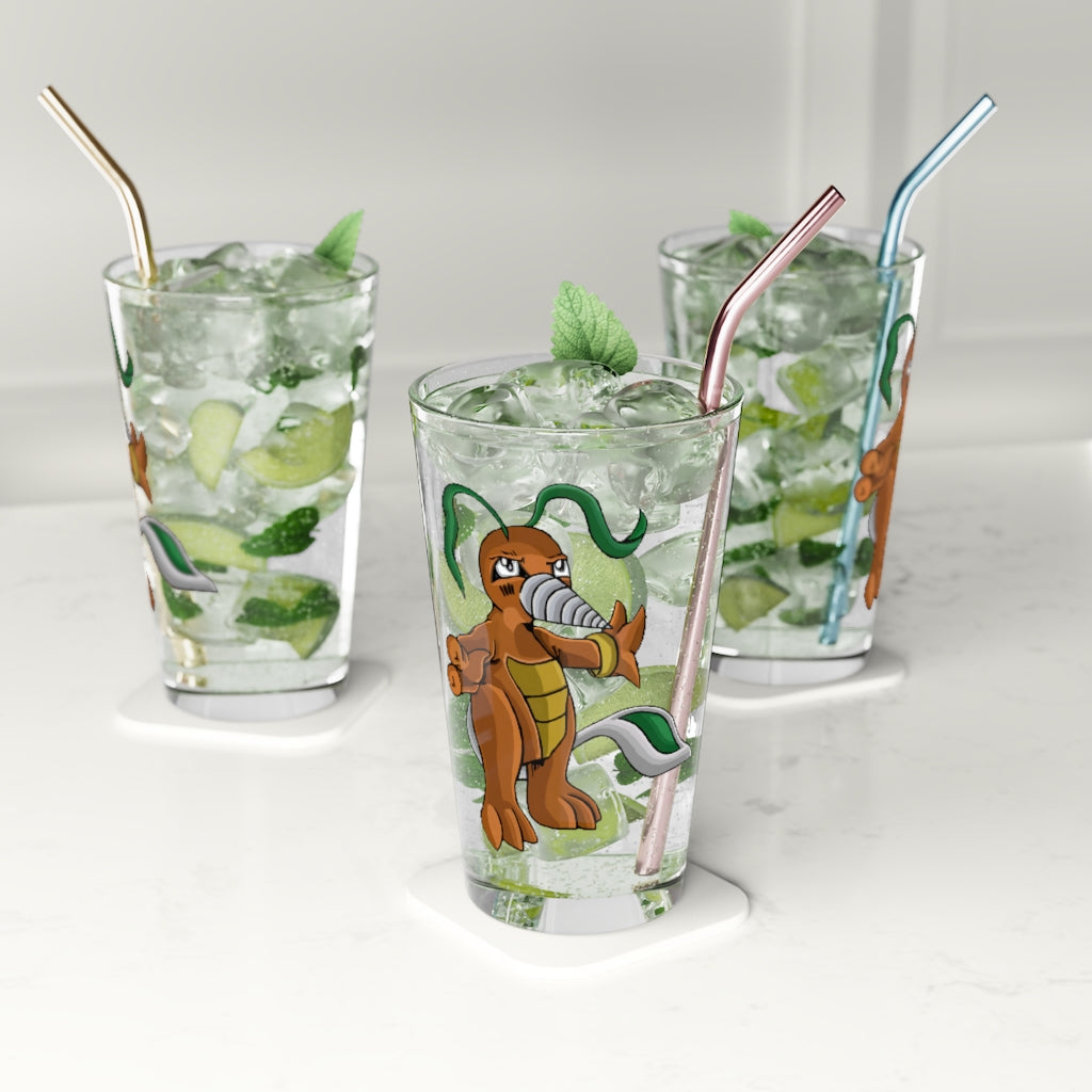 Drillbug Pint Glass, 16oz clear glass with custom printing options, ideal for beverages.