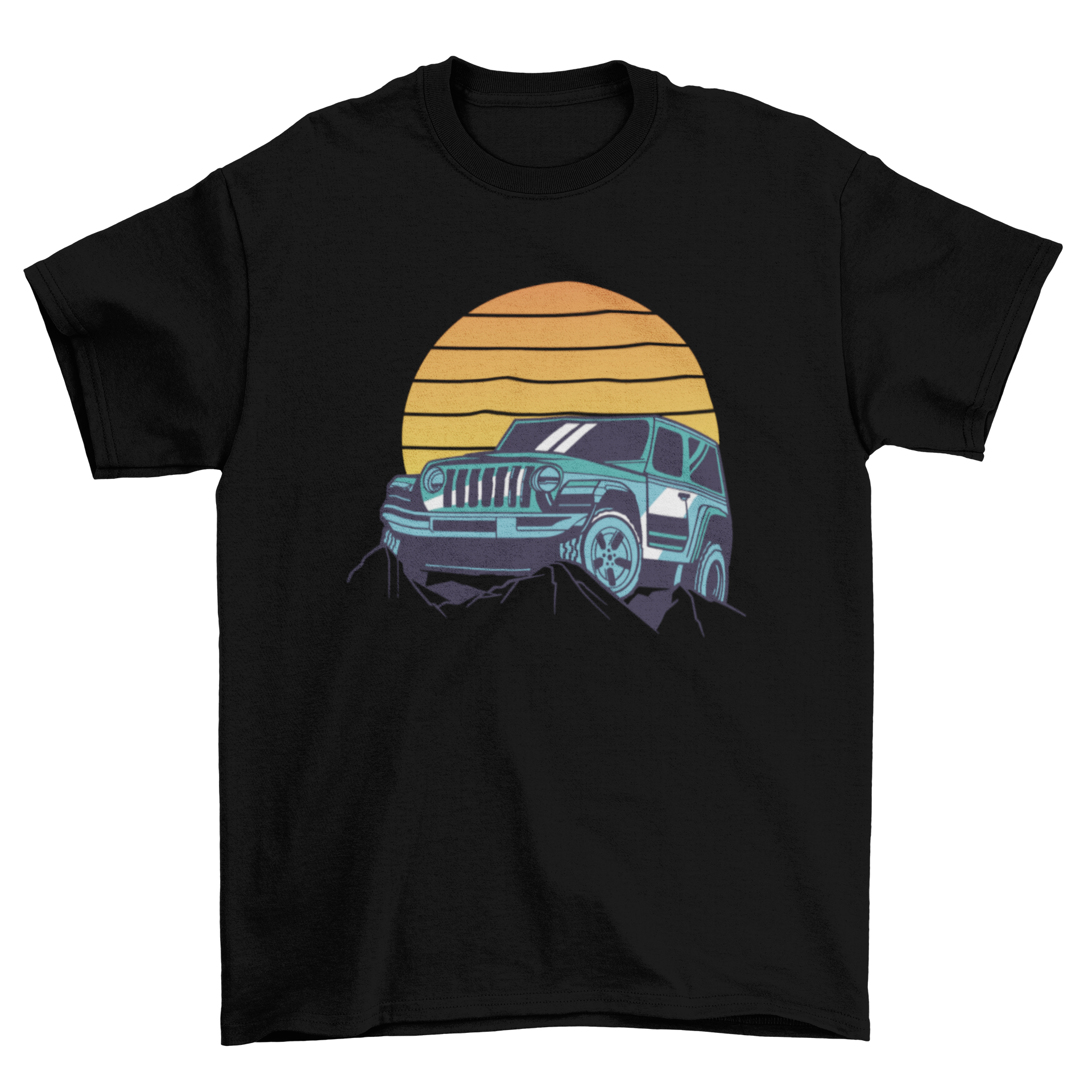 A stylish t-shirt featuring a retro car silhouette driving into a vibrant sunset, showcasing warm colors and a nostalgic design.