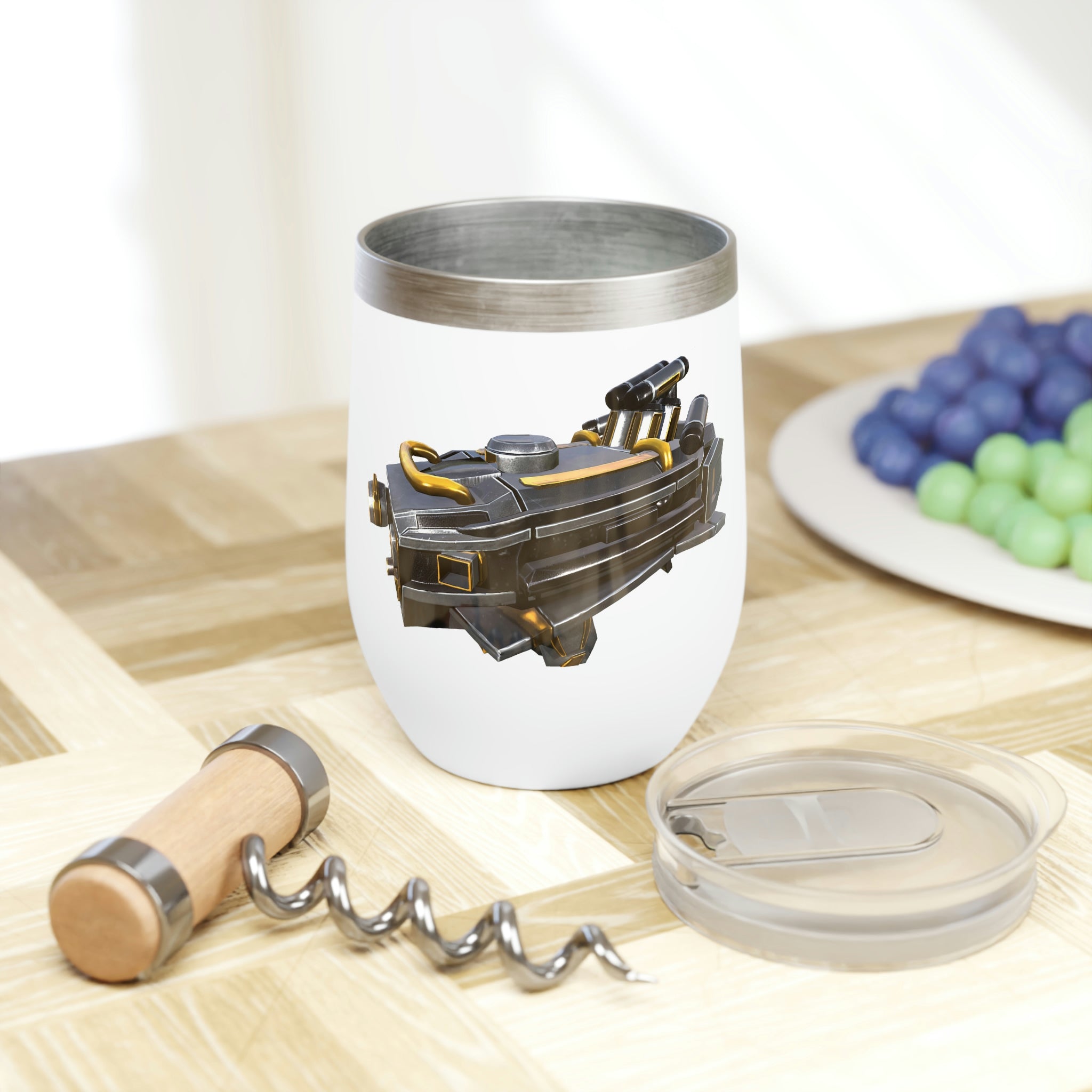 Drone Chill Wine Tumbler in stainless steel with customizable design, showcasing its double-insulated walls and stemless shape.