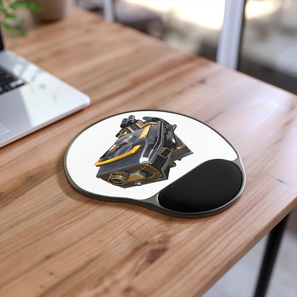 Drone Mouse Pad with ergonomic Memory Foam wrist rest and customizable neoprene insert, featuring a foot-shaped black plastic base.