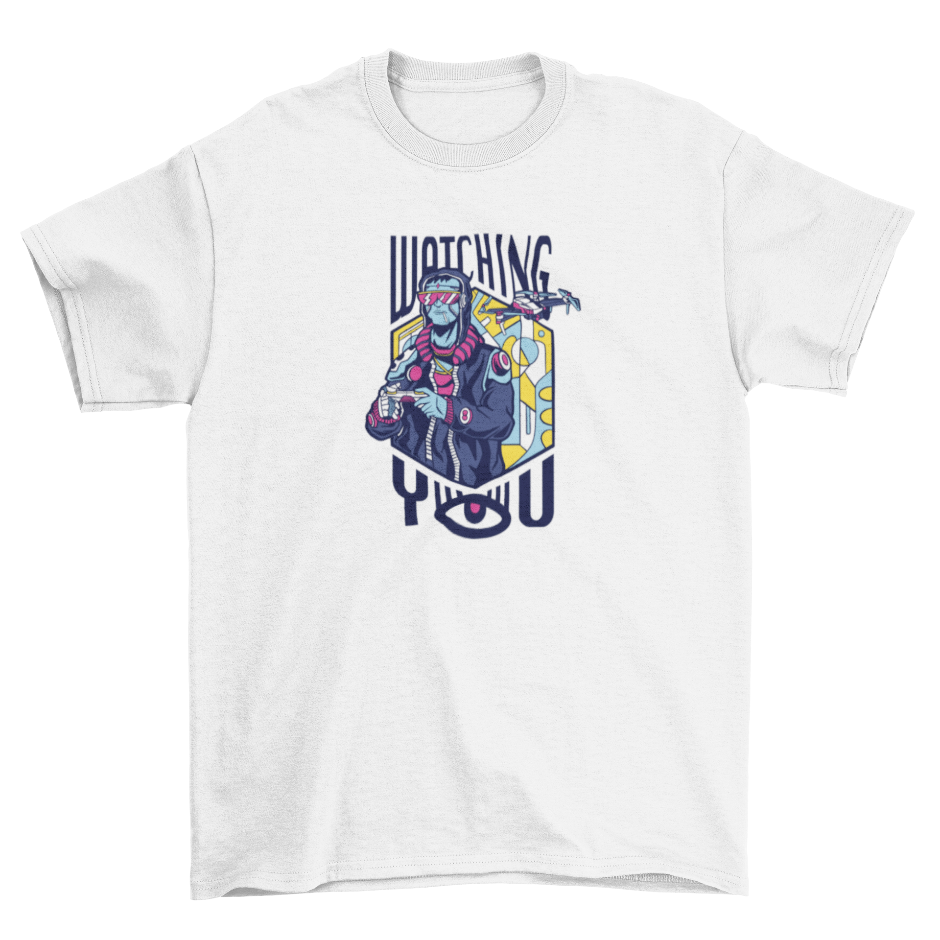 A vibrant t-shirt featuring a futuristic drone pilot design with neon colors and the quote 'Watching you'.