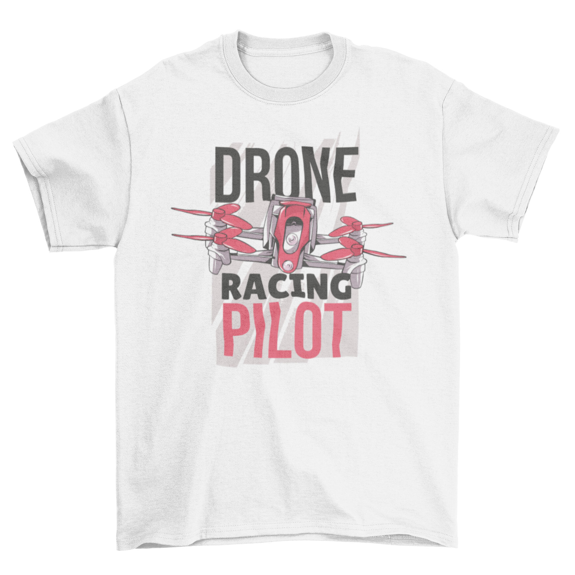 A stylish t-shirt featuring a hand-drawn illustration of a drone flying with the caption 'Drone Racing Pilot' in vibrant colors.