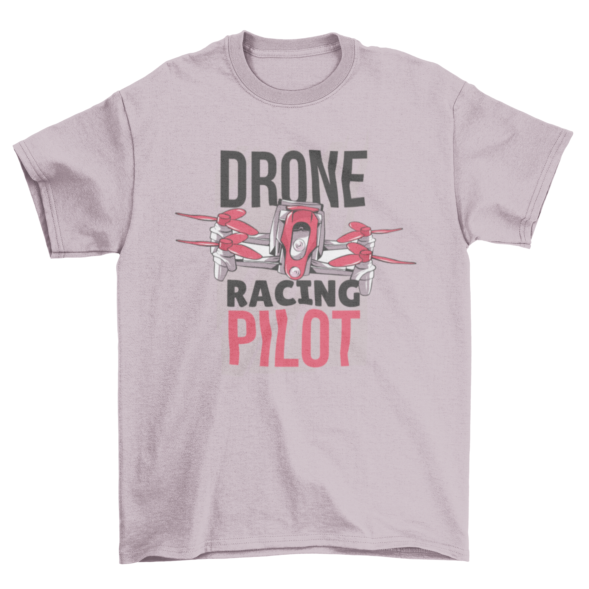A stylish t-shirt featuring a hand-drawn illustration of a drone flying with the caption 'Drone Racing Pilot' in vibrant colors.