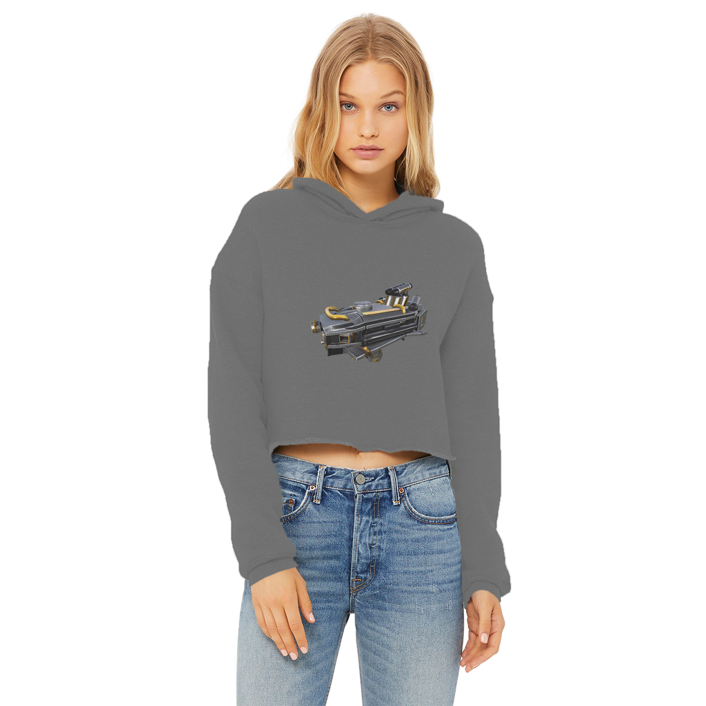 Drone2 Ladies Cropped Raw Edge Hoodie in various colors, showcasing its stylish cropped design and soft fabric.