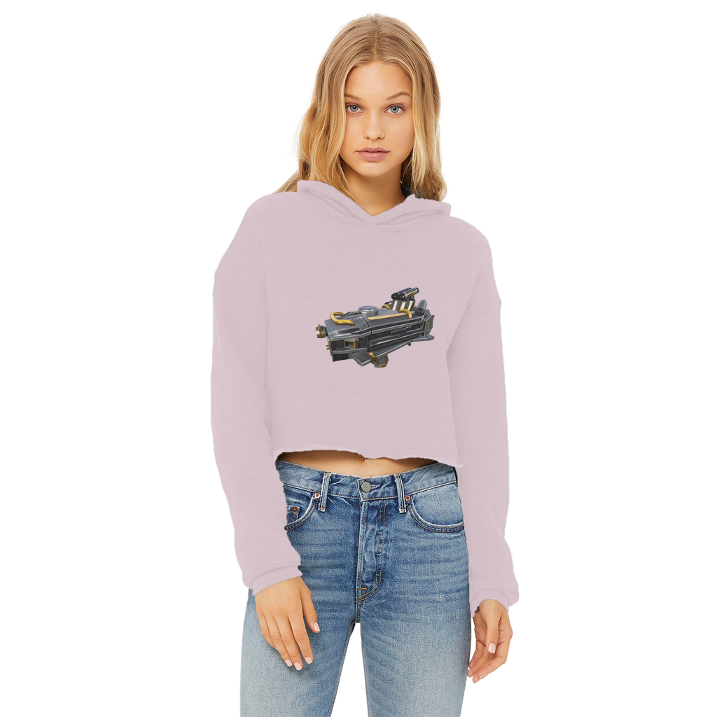 Drone2 Ladies Cropped Raw Edge Hoodie in various colors, showcasing its stylish cropped design and soft fabric.