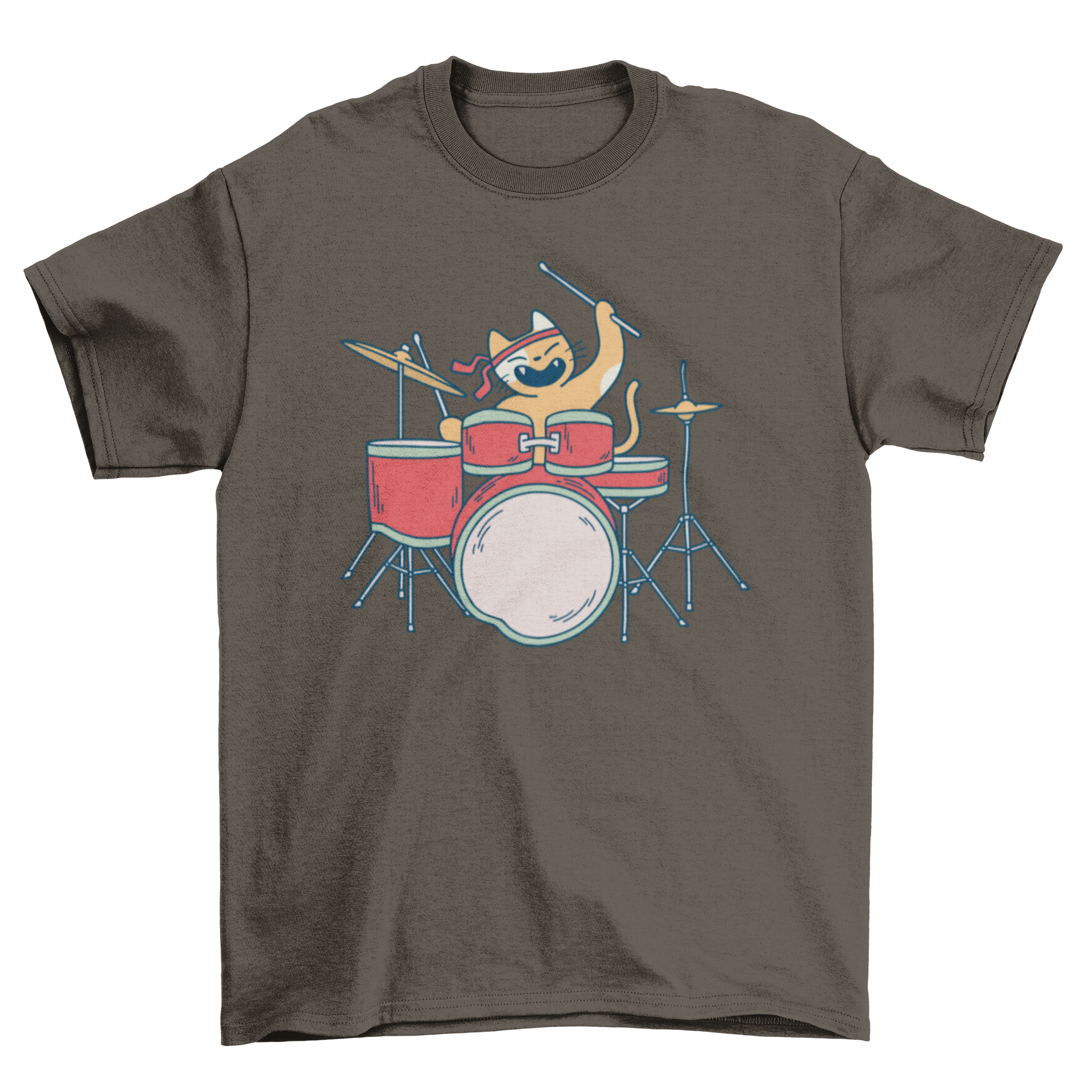 A playful illustration of a cat energetically playing drums on a stylish t-shirt.