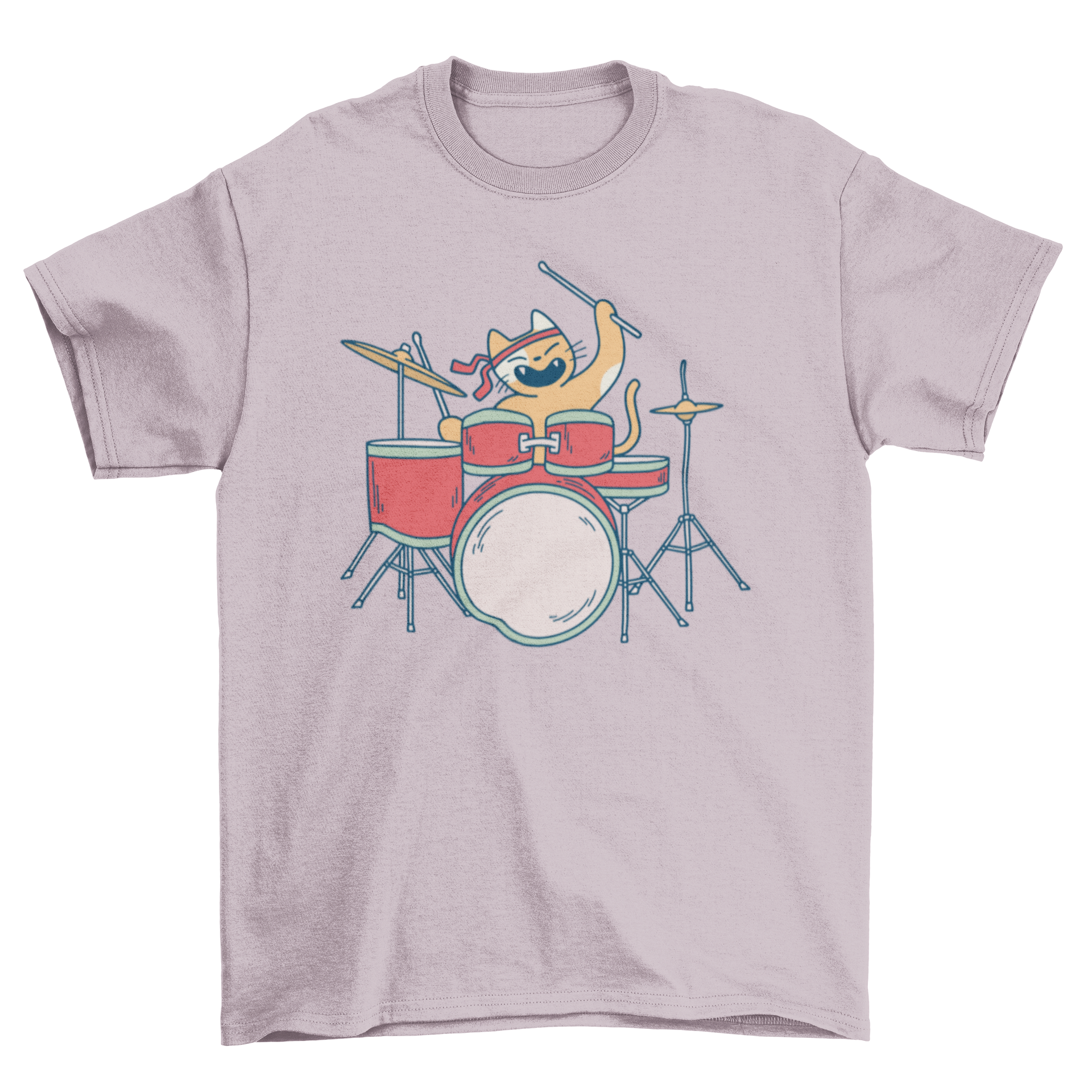 A playful illustration of a cat energetically playing drums on a stylish t-shirt.