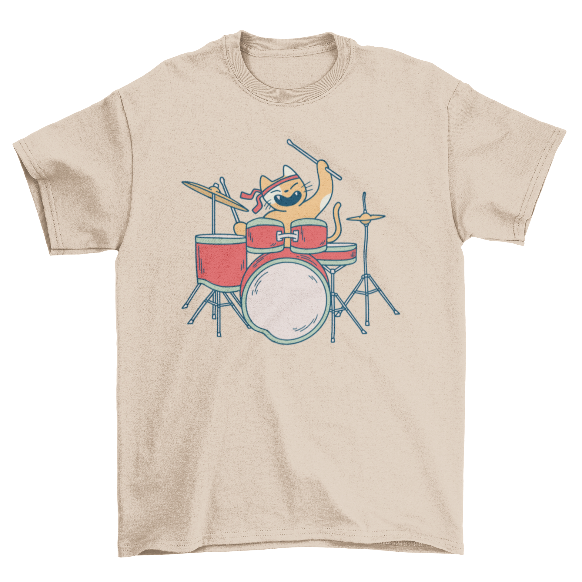 A playful illustration of a cat energetically playing drums on a stylish t-shirt.