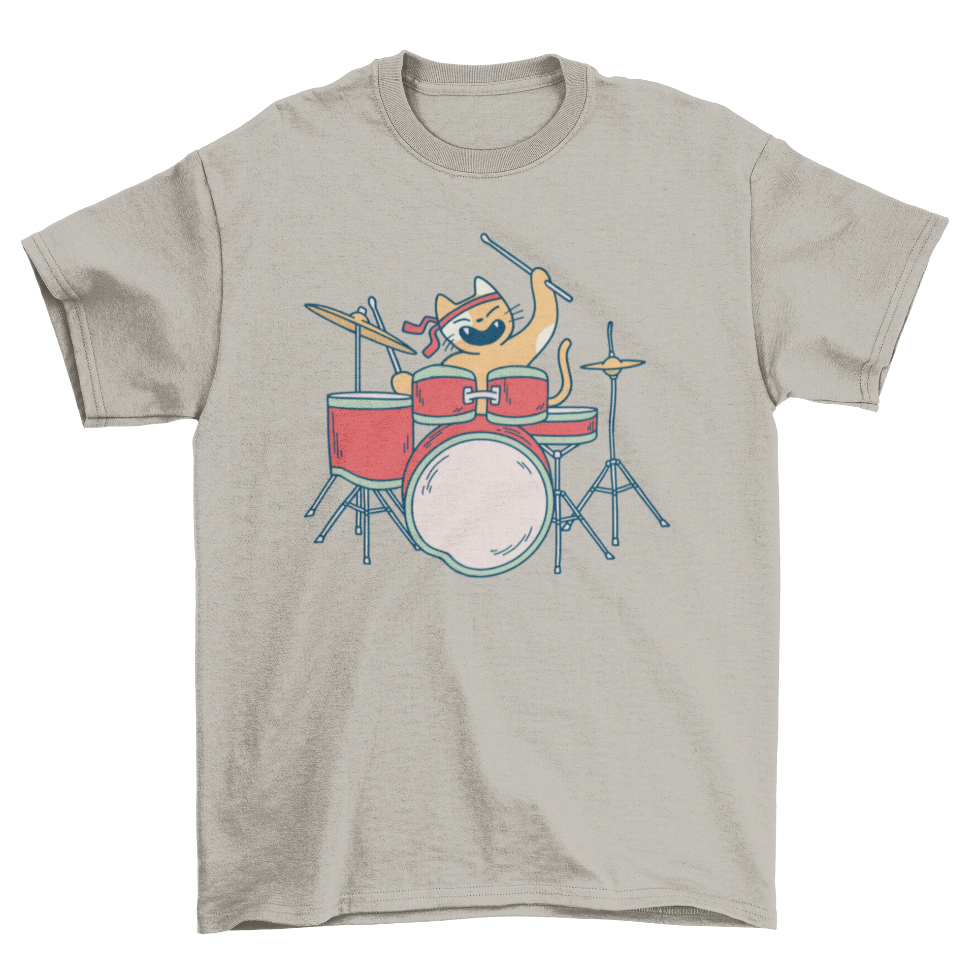 A playful illustration of a cat energetically playing drums on a stylish t-shirt.