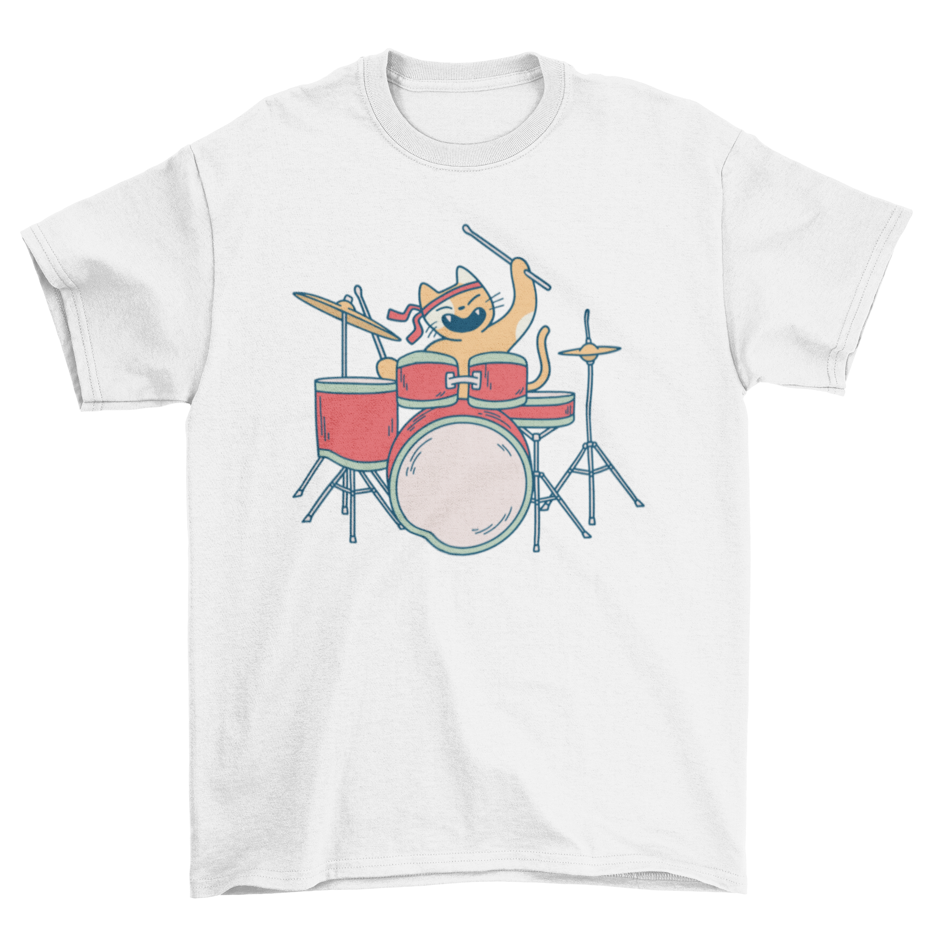 A playful illustration of a cat energetically playing drums on a stylish t-shirt.