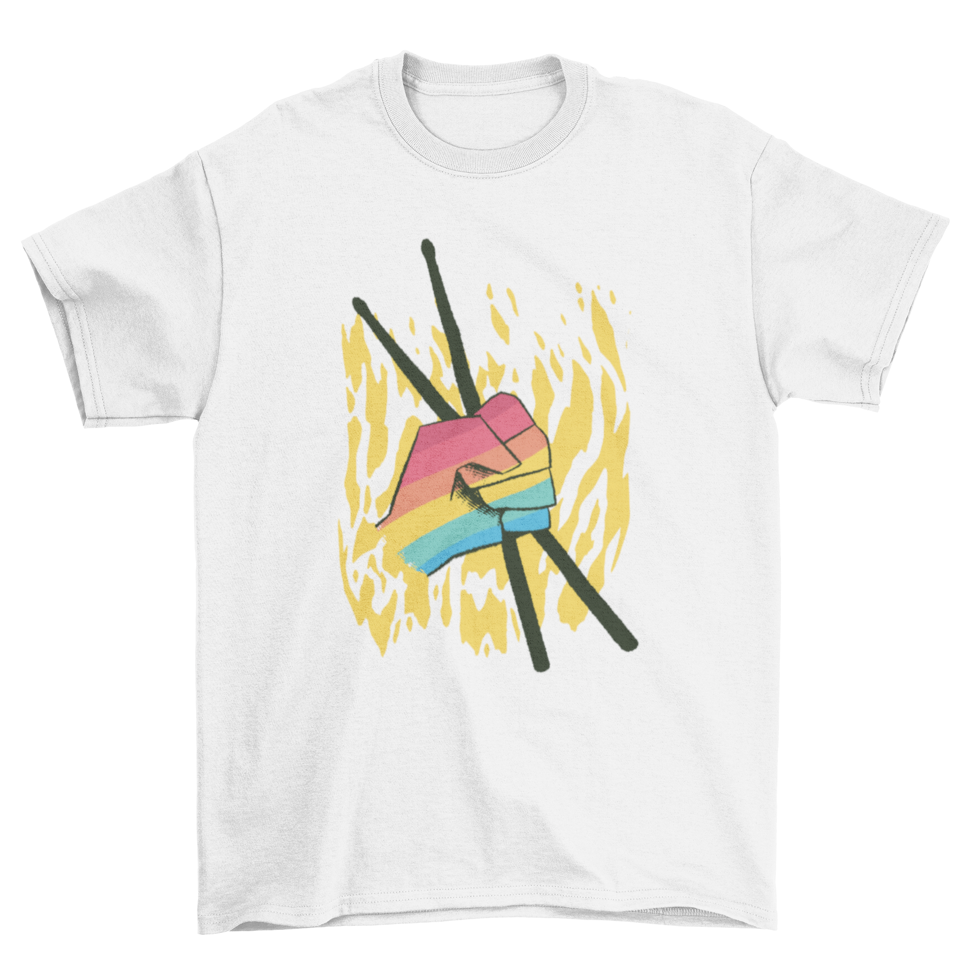 A vibrant t-shirt featuring a hand in LGBT flag colors holding drumsticks, symbolizing music and pride.