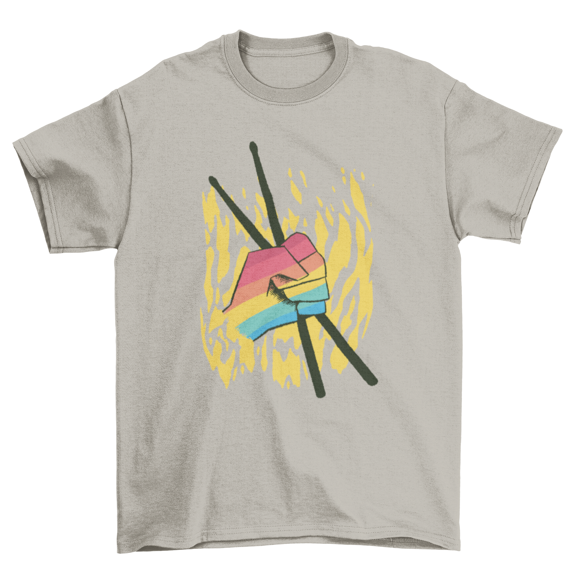 A vibrant t-shirt featuring a hand in LGBT flag colors holding drumsticks, symbolizing music and pride.