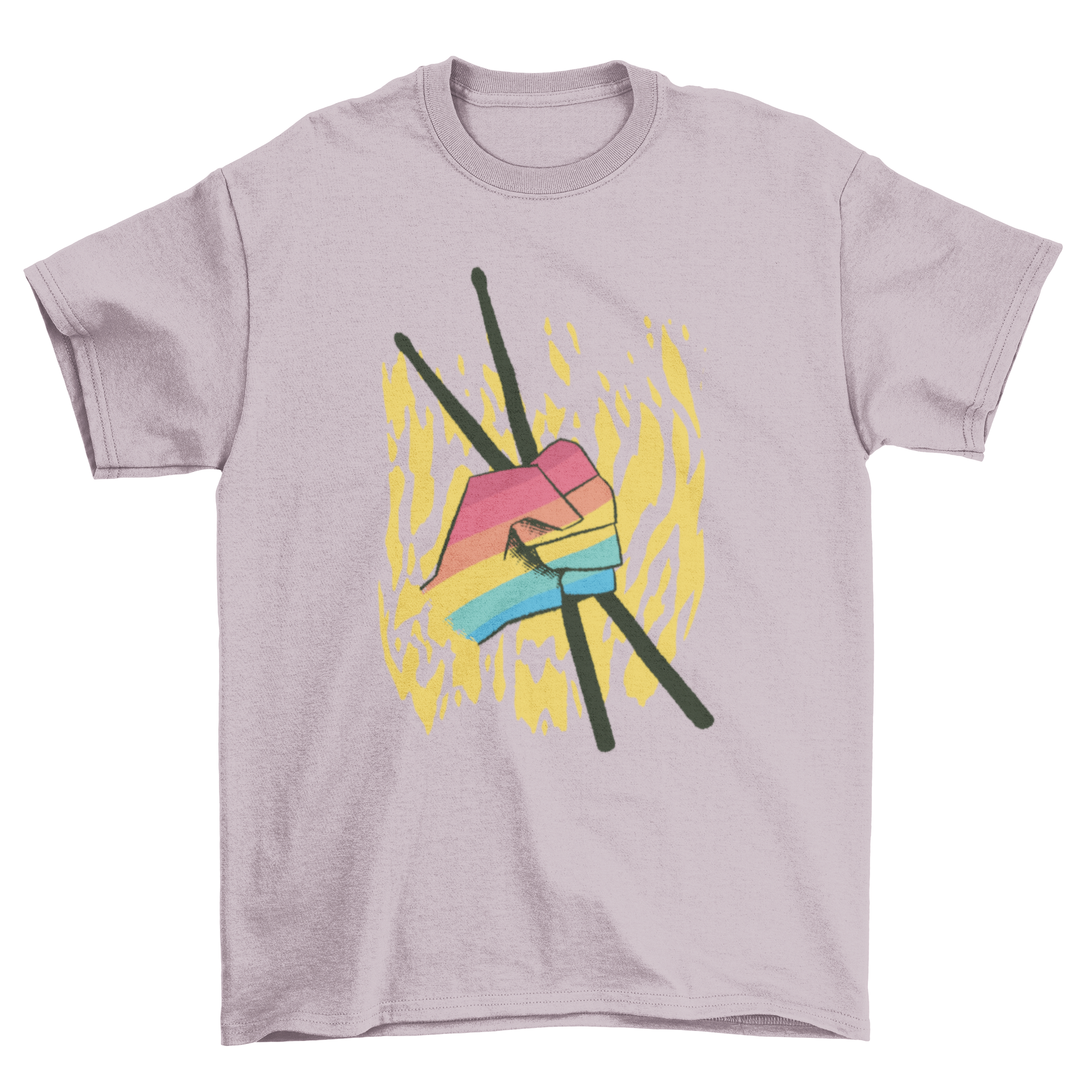 A vibrant t-shirt featuring a hand in LGBT flag colors holding drumsticks, symbolizing music and pride.