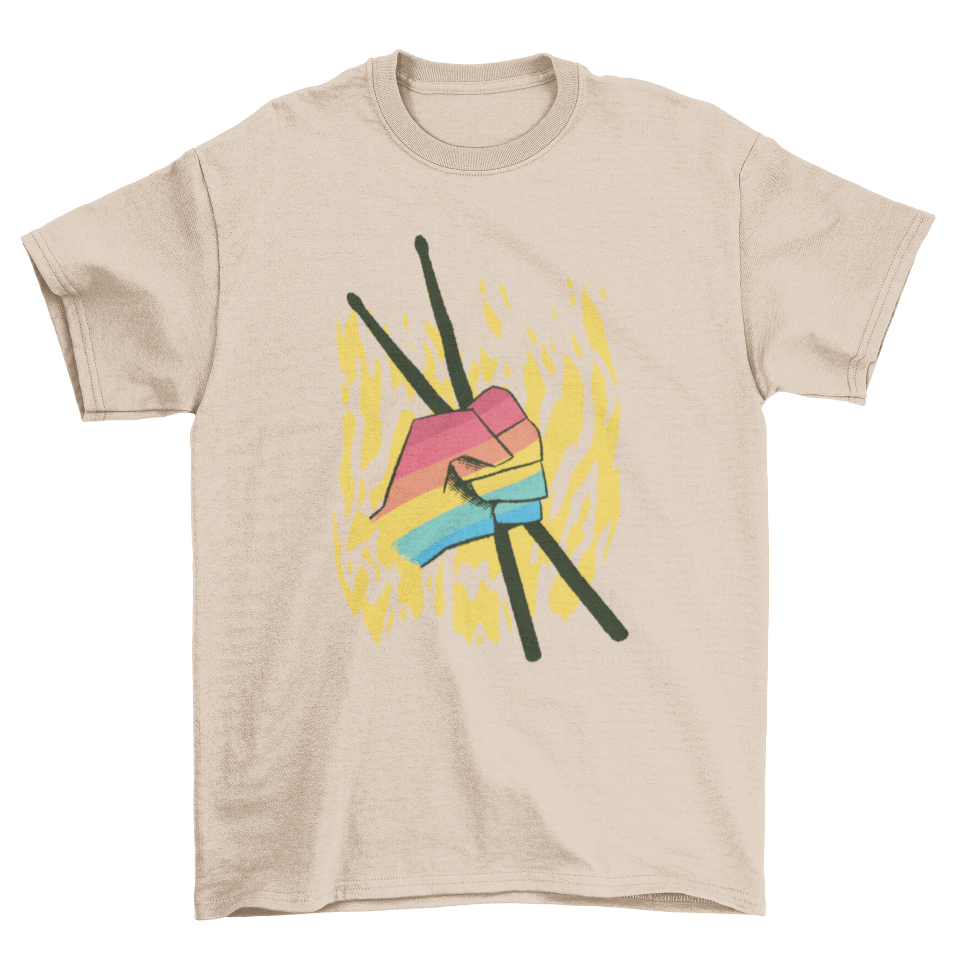 A vibrant t-shirt featuring a hand in LGBT flag colors holding drumsticks, symbolizing music and pride.