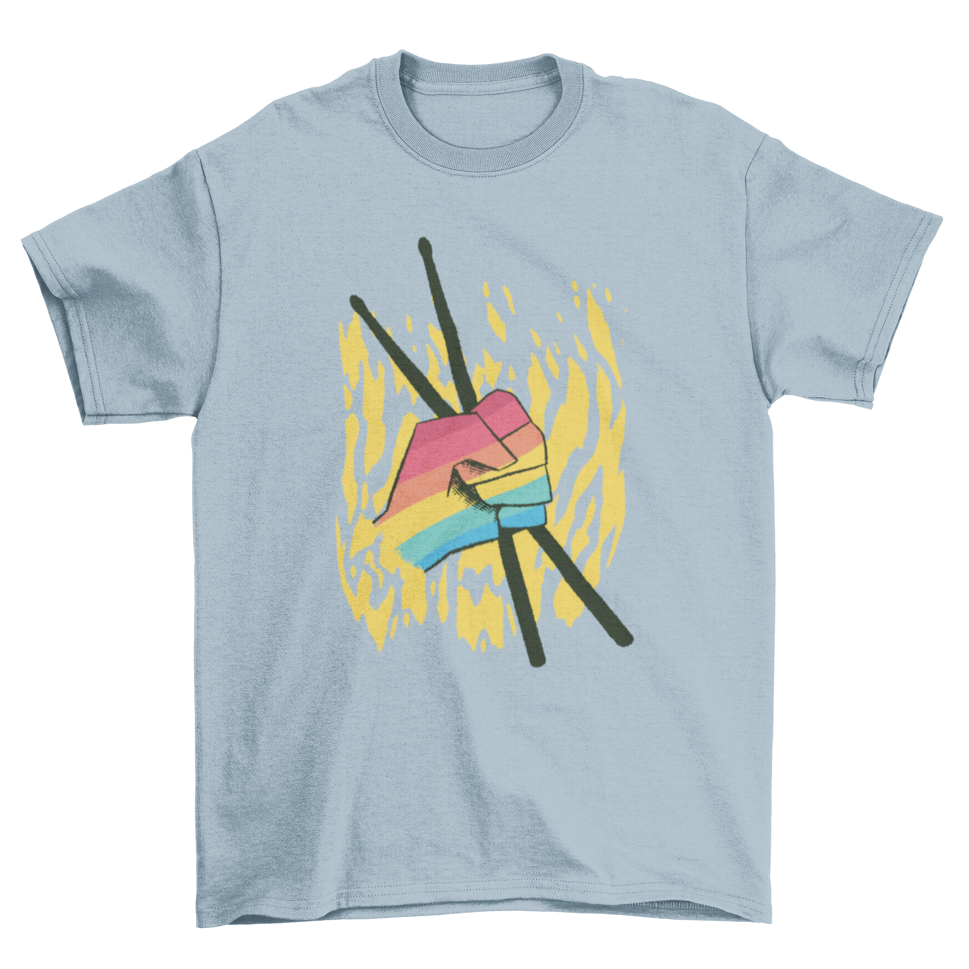 A vibrant t-shirt featuring a hand in LGBT flag colors holding drumsticks, symbolizing music and pride.