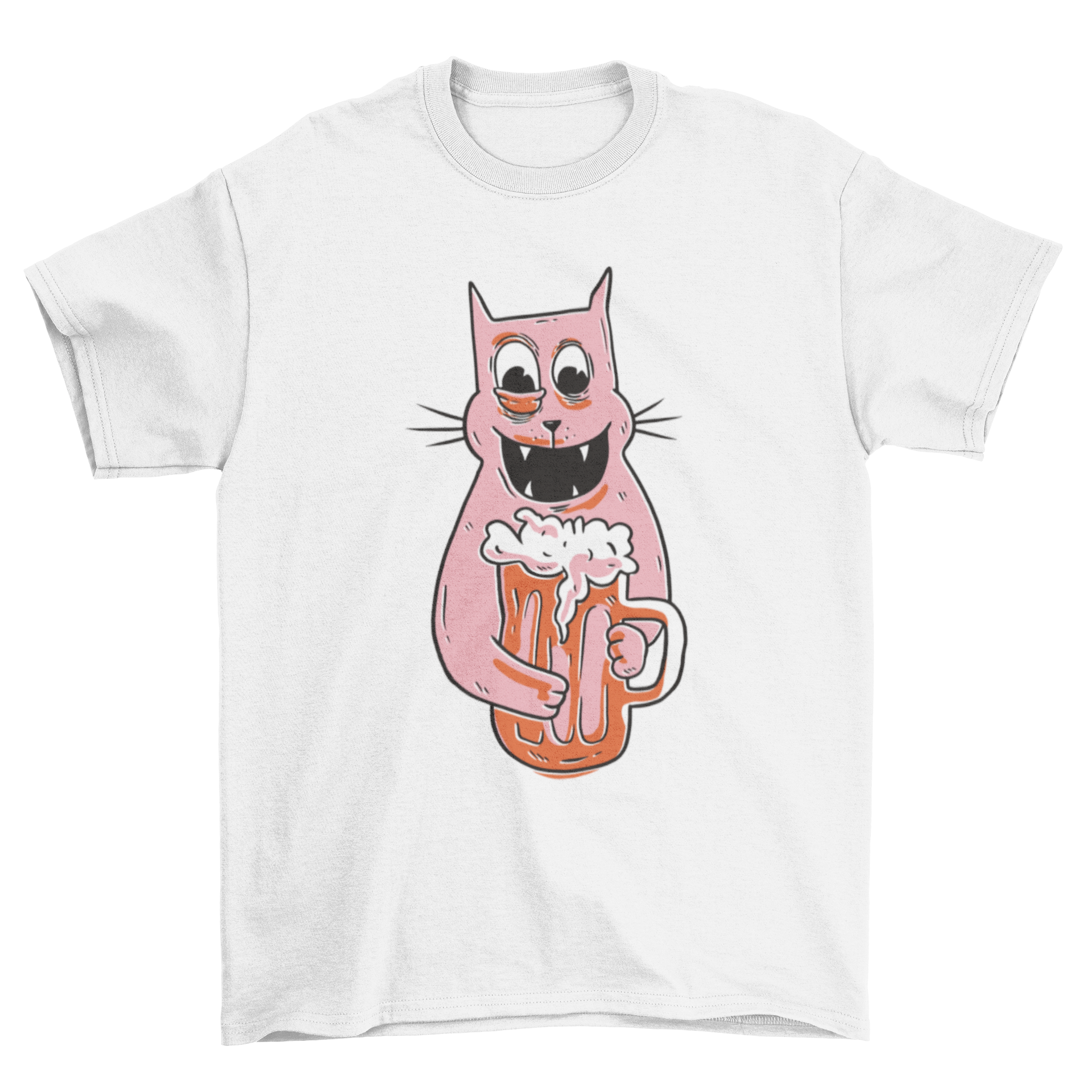 A cartoon t-shirt featuring a funny drunk cat holding a beer mug, showcasing a playful and humorous design.