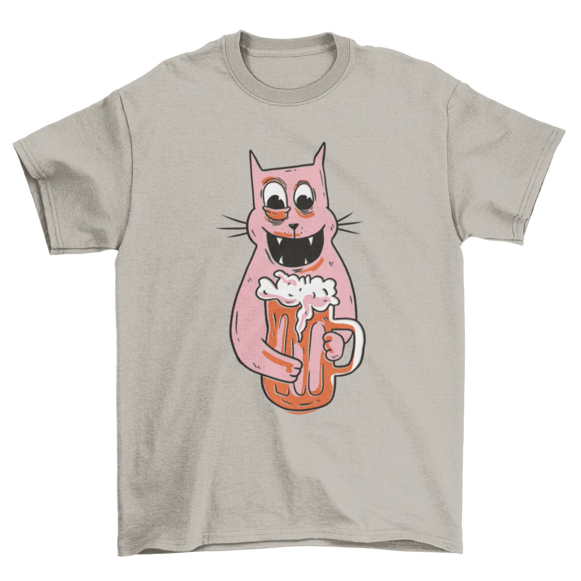 A cartoon t-shirt featuring a funny drunk cat holding a beer mug, showcasing a playful and humorous design.