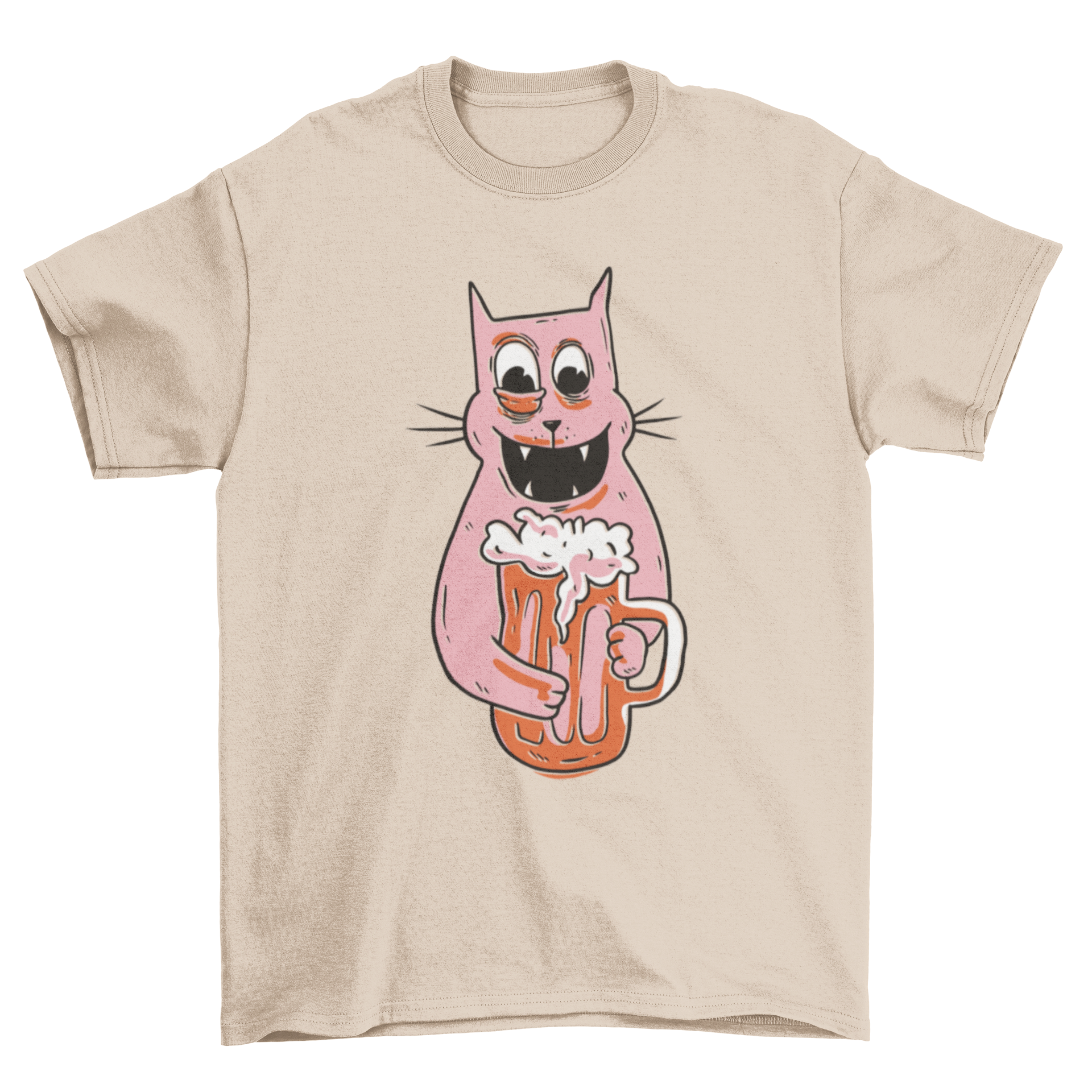 A cartoon t-shirt featuring a funny drunk cat holding a beer mug, showcasing a playful and humorous design.