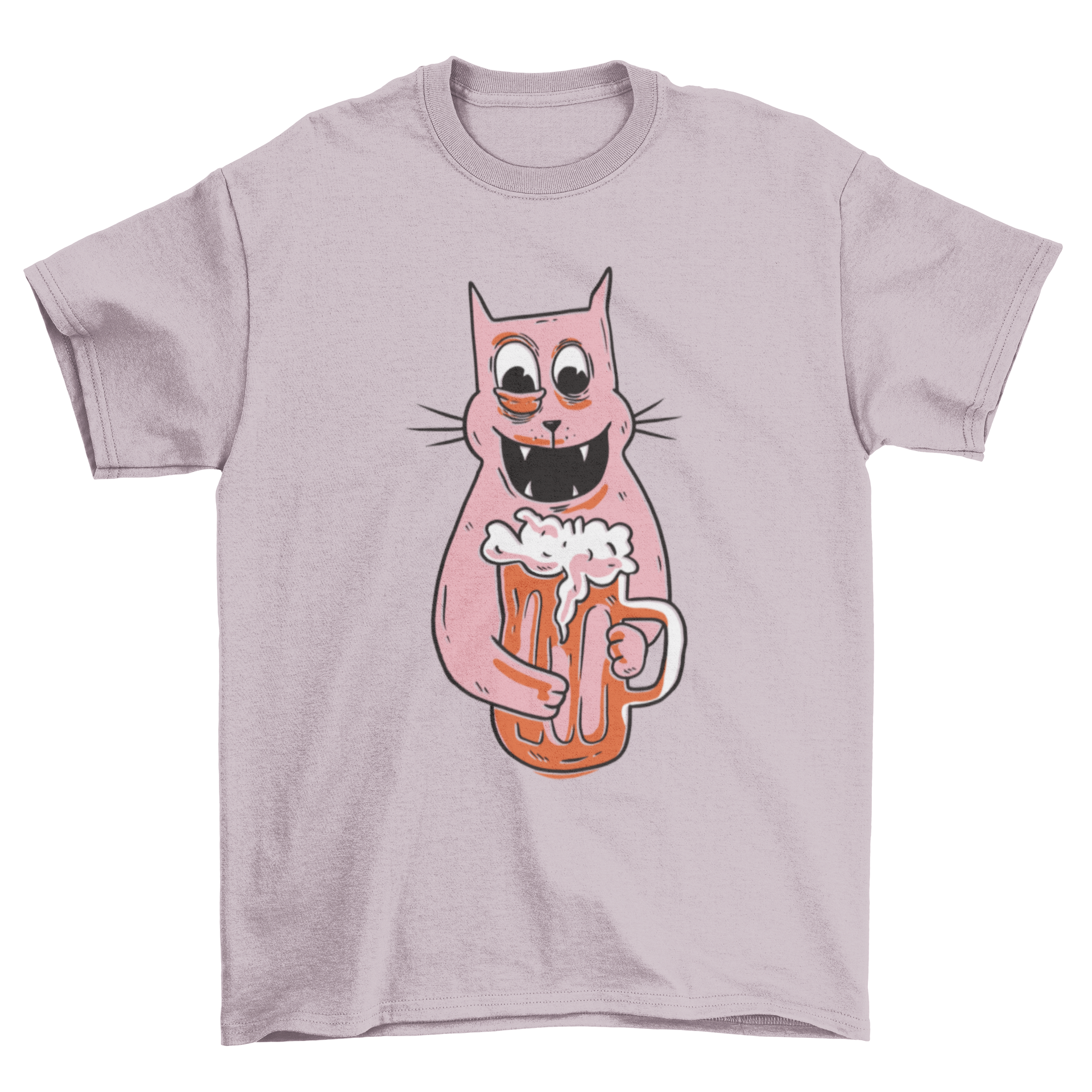 A cartoon t-shirt featuring a funny drunk cat holding a beer mug, showcasing a playful and humorous design.