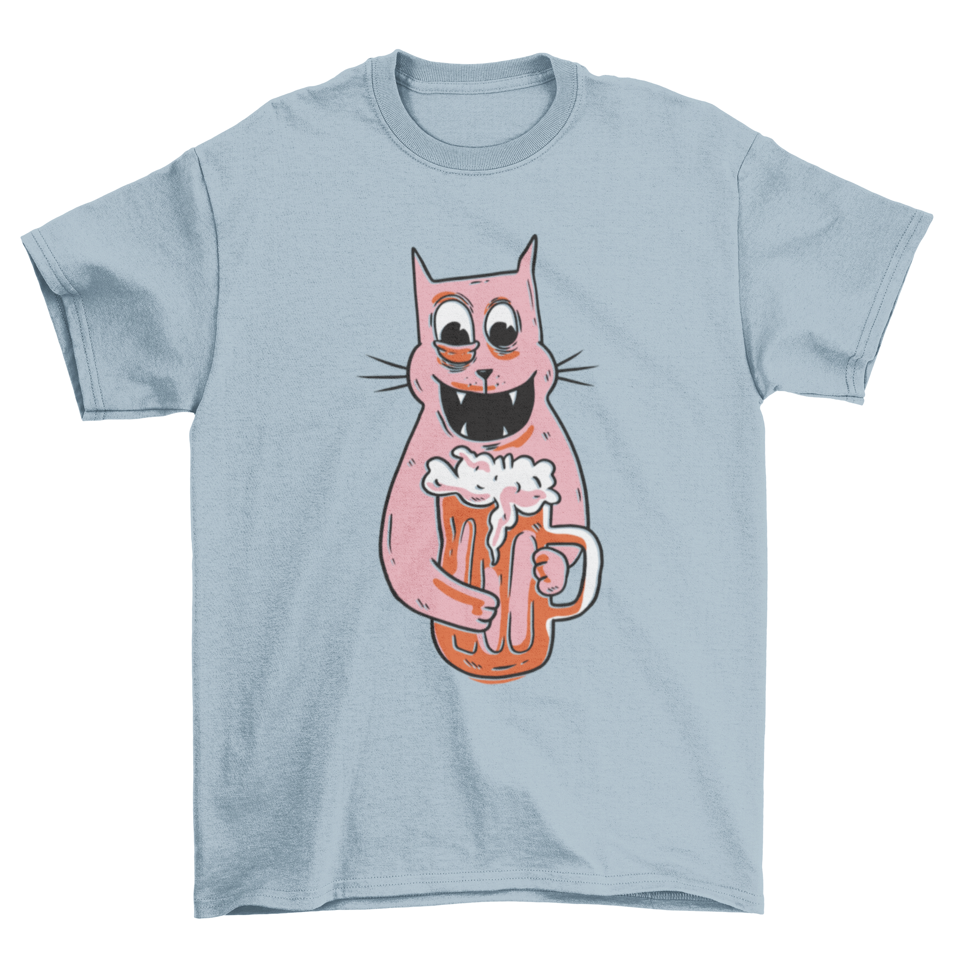 A cartoon t-shirt featuring a funny drunk cat holding a beer mug, showcasing a playful and humorous design.