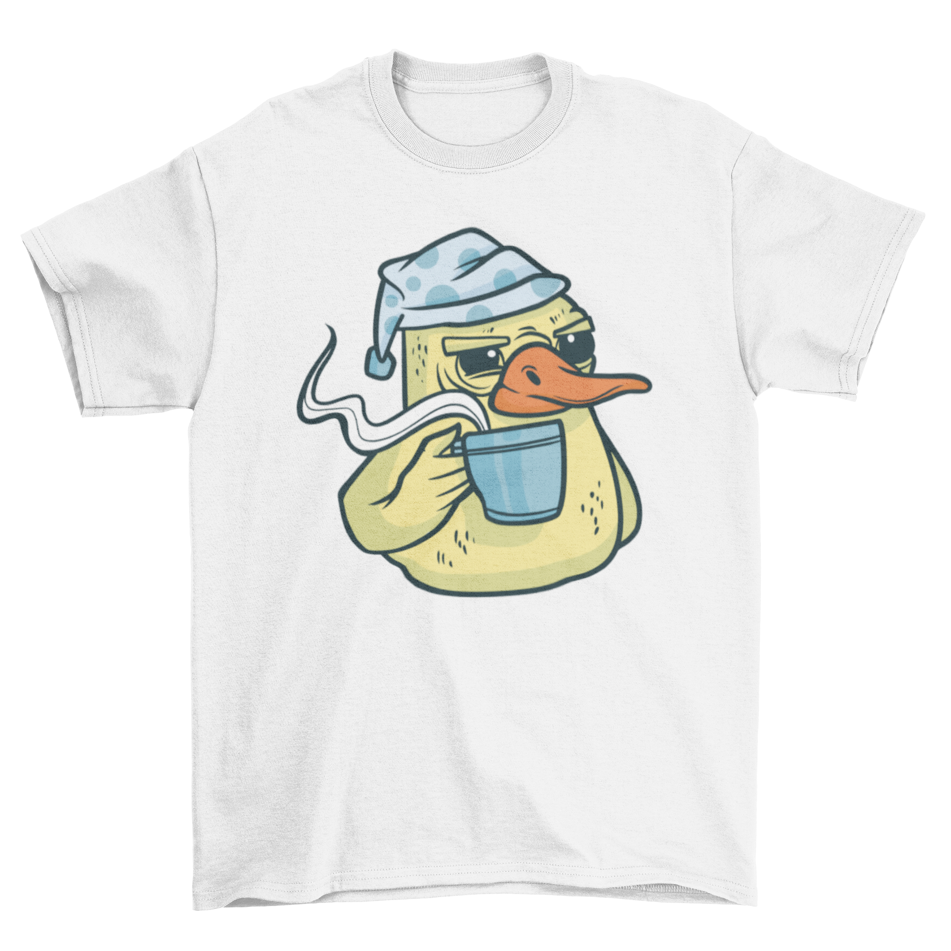 A playful t-shirt featuring a cartoon duck happily drinking coffee from a cup, showcasing a fun and quirky design.