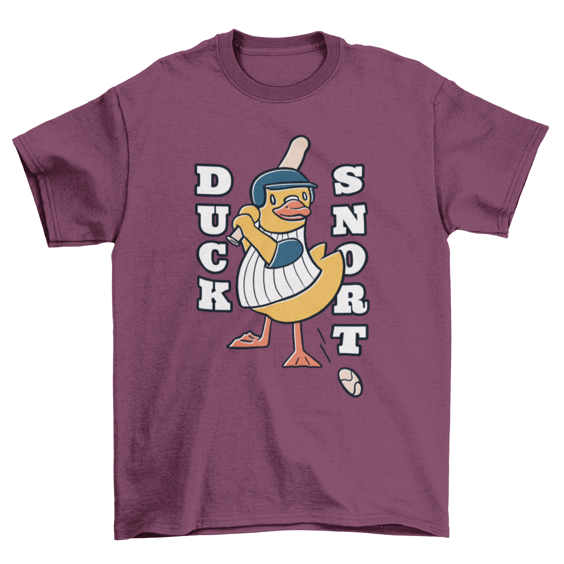 A playful T-shirt design featuring a cartoon duck baseball player with the text 'DUCK SNORT', perfect for various merchandise.