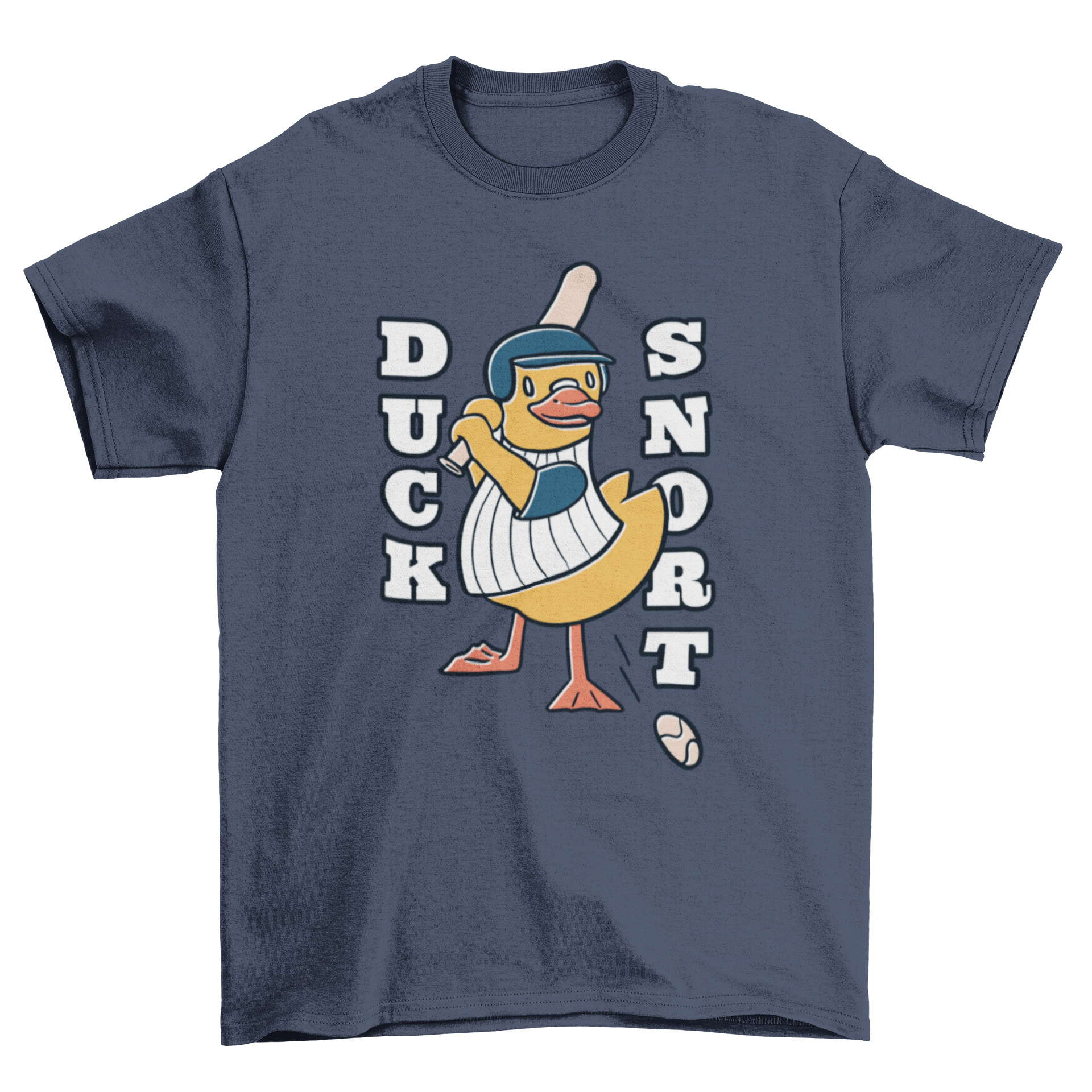 A playful T-shirt design featuring a cartoon duck baseball player with the text 'DUCK SNORT', perfect for various merchandise.