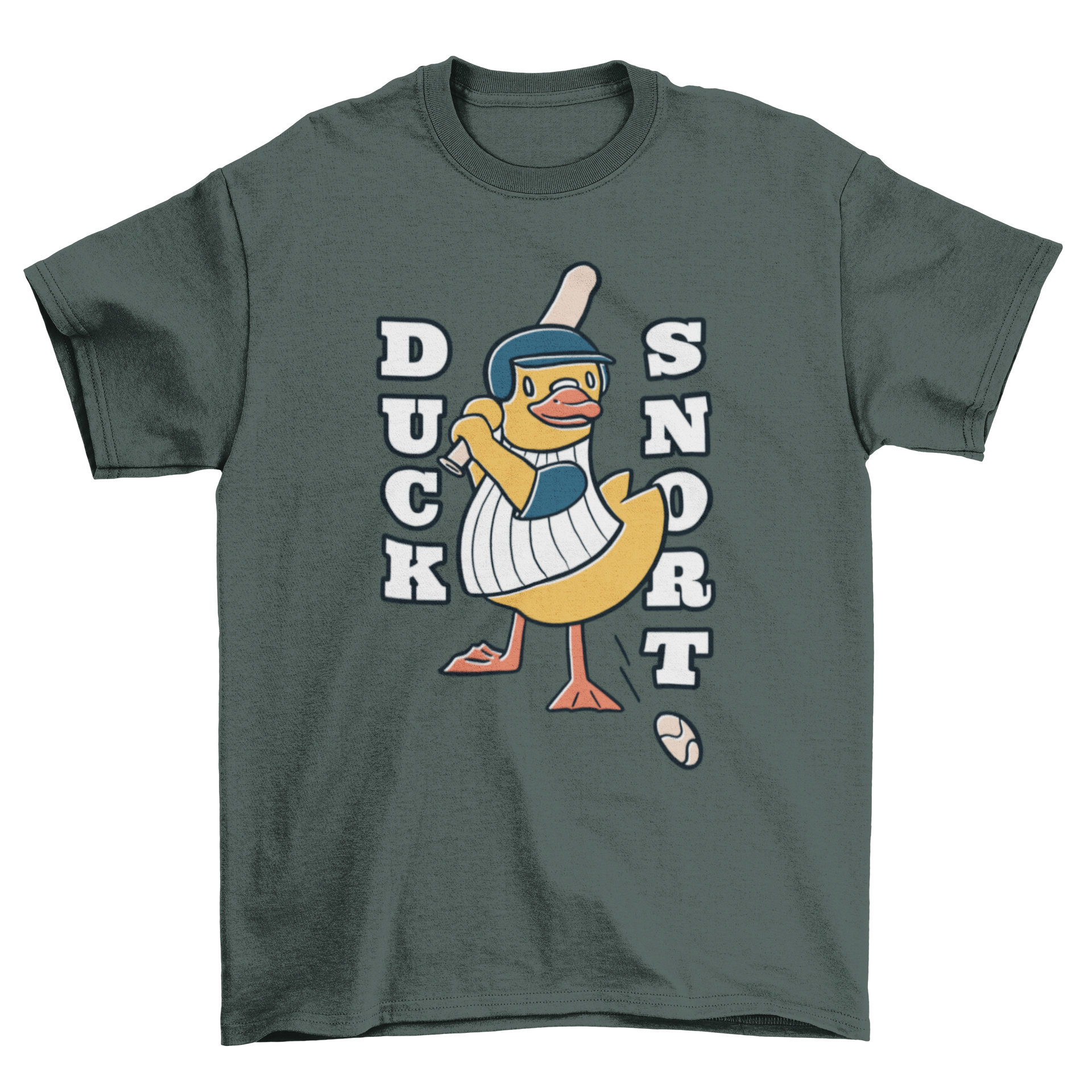 A playful T-shirt design featuring a cartoon duck baseball player with the text 'DUCK SNORT', perfect for various merchandise.