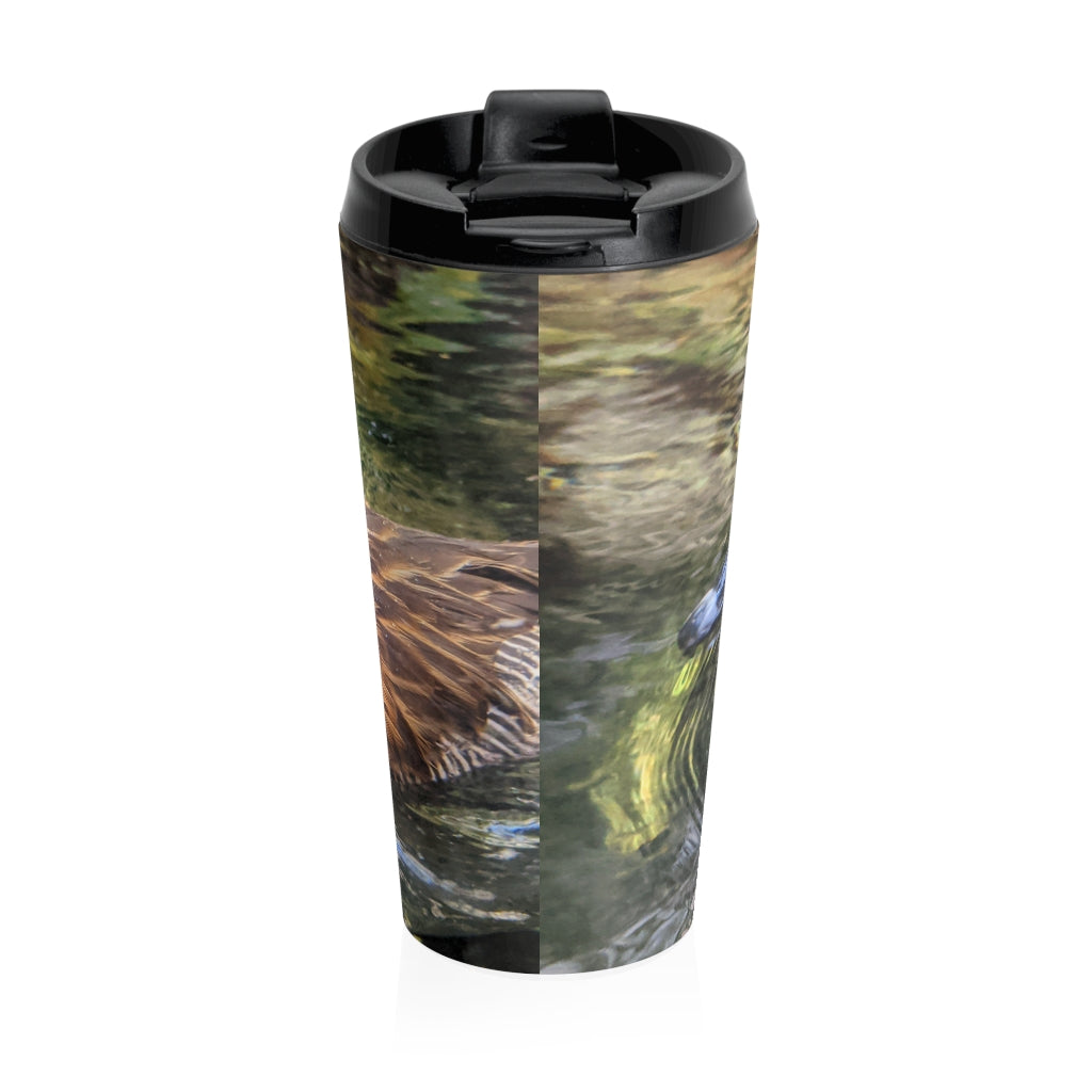 Duck Stainless Steel Travel Mug with black plastic lid, showcasing a vibrant design and sleek stainless steel finish.