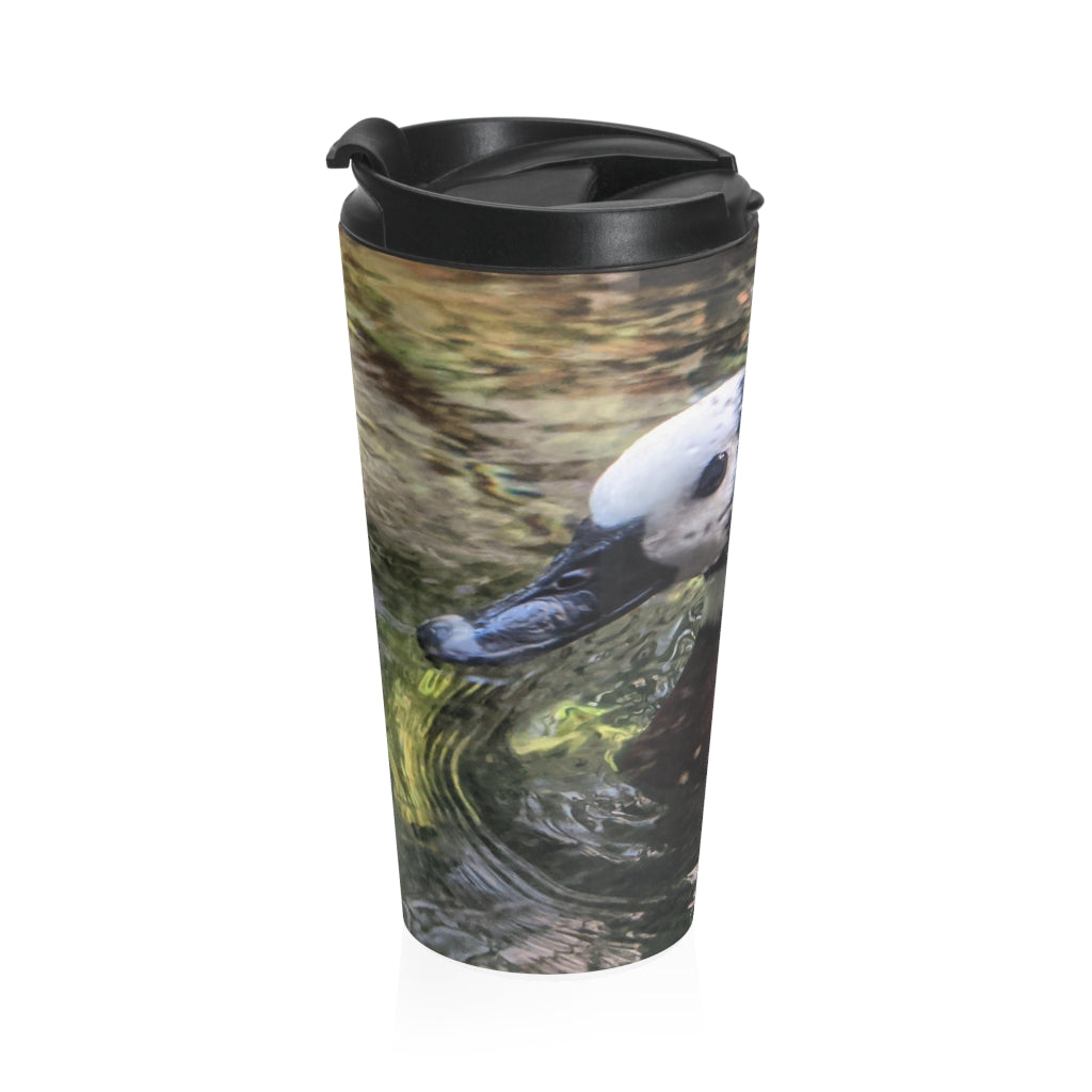 Duck Stainless Steel Travel Mug with black plastic lid, showcasing a vibrant design and sleek stainless steel finish.