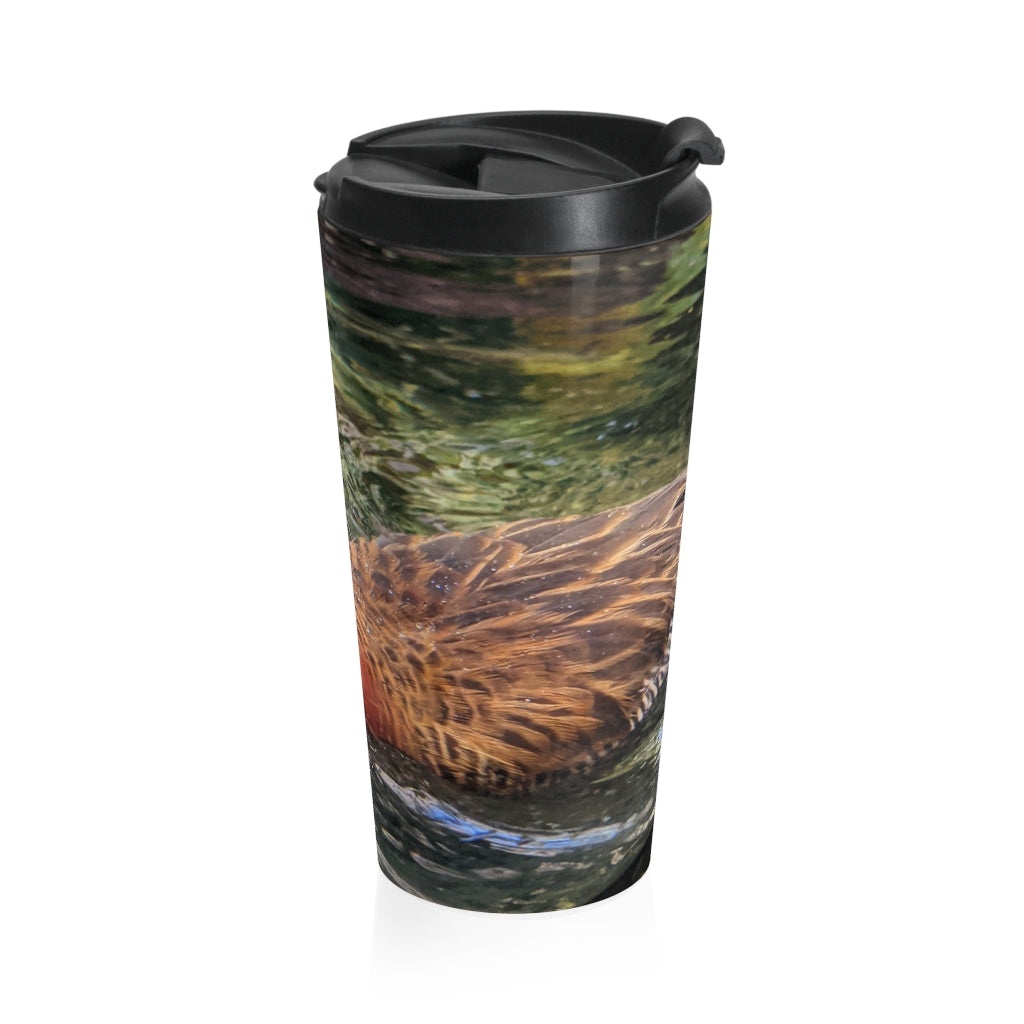 Duck Stainless Steel Travel Mug with black plastic lid, showcasing a vibrant design and sleek stainless steel finish.