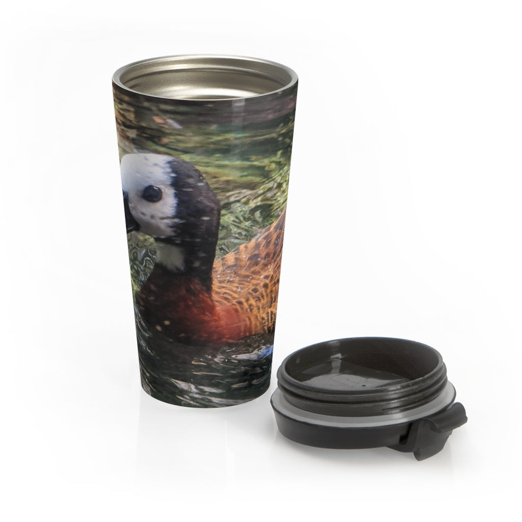 Duck Stainless Steel Travel Mug with black plastic lid, showcasing a vibrant design and sleek stainless steel finish.