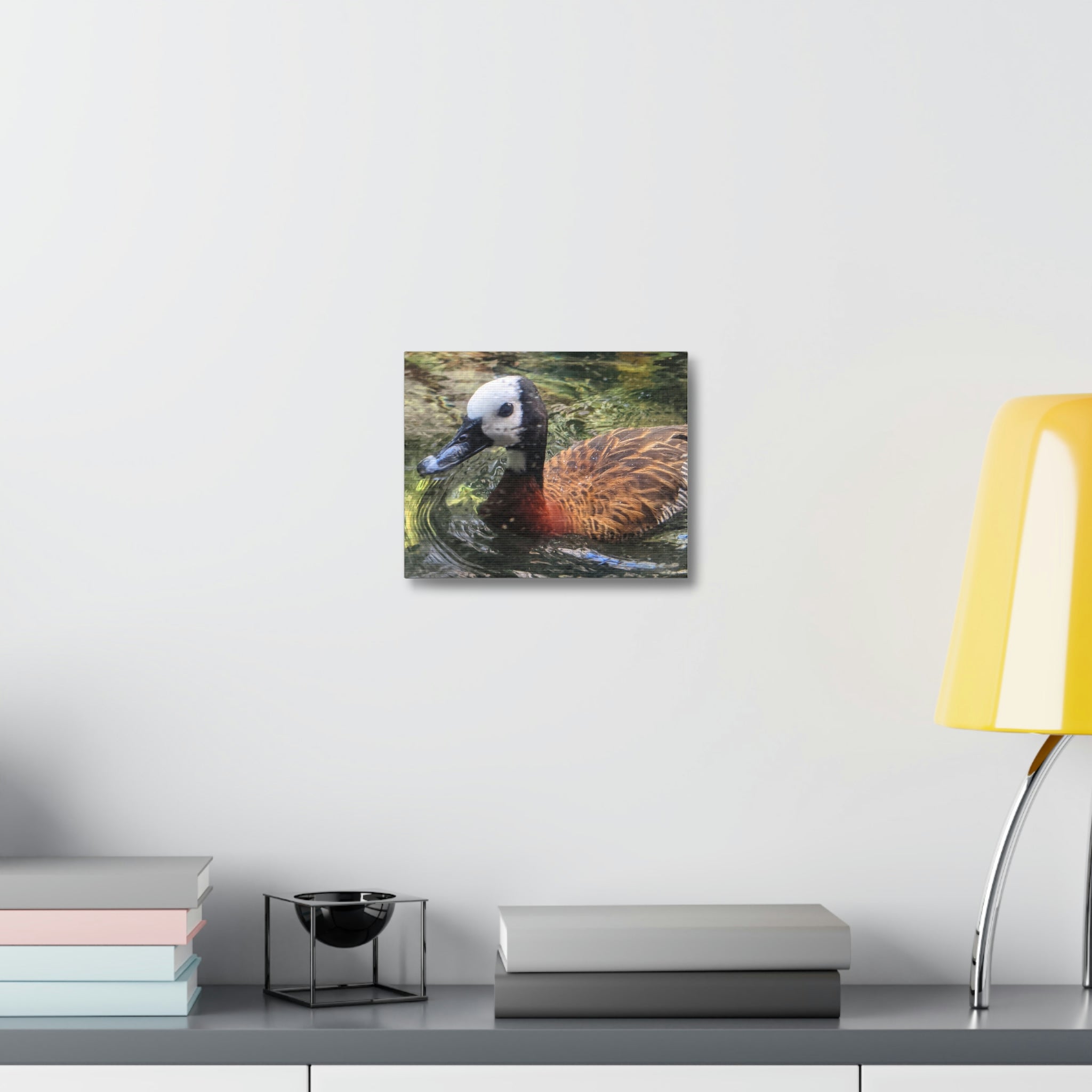 Duck Stretched Canvas artwork featuring vibrant colors and detailed imagery, mounted on a sturdy wooden frame for indoor display.