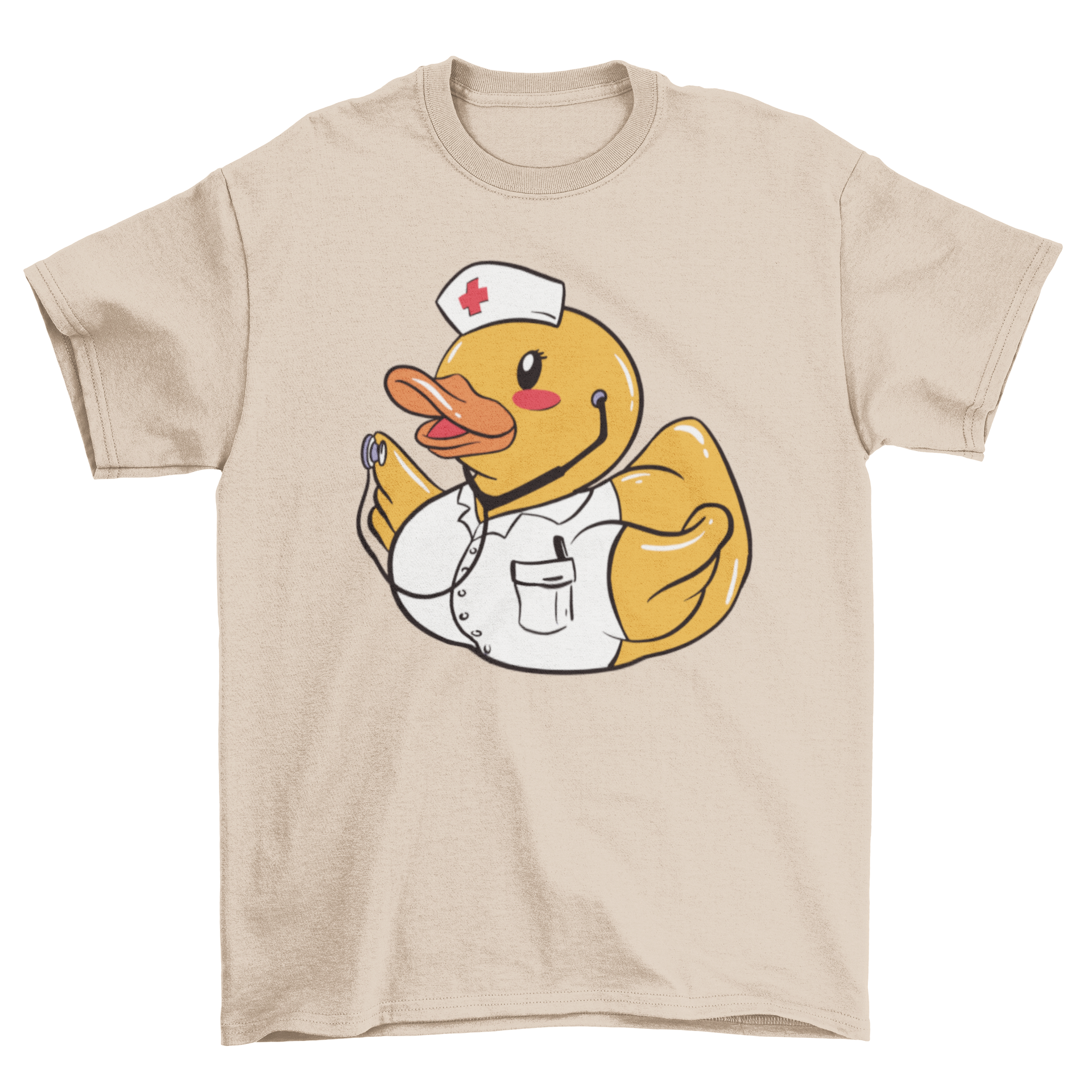 A playful t-shirt featuring a toy duck dressed as a nurse, showcasing a fun and whimsical design.