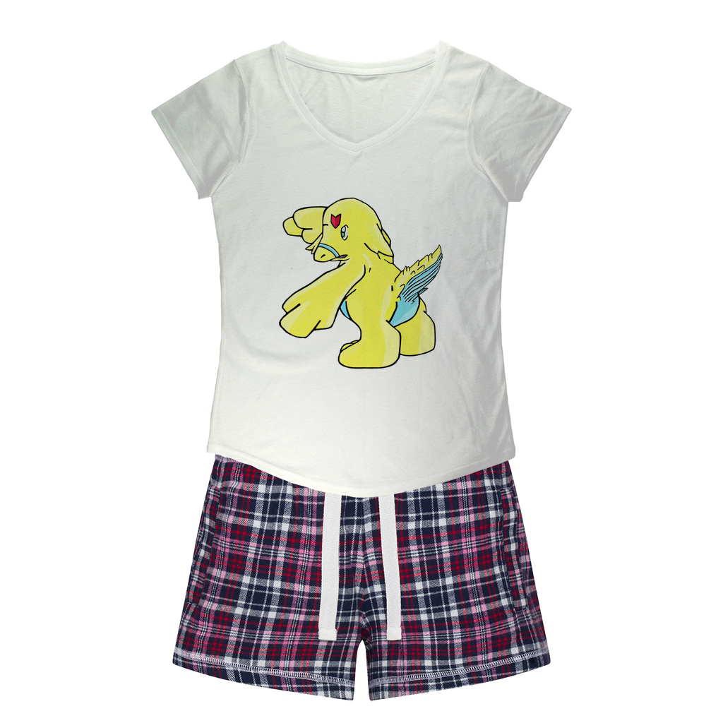 Ductil Women's Sleepy Tee and Flannel Short set featuring a relaxed fit T-shirt with a soft v-neckline and vibrant flannel shorts.