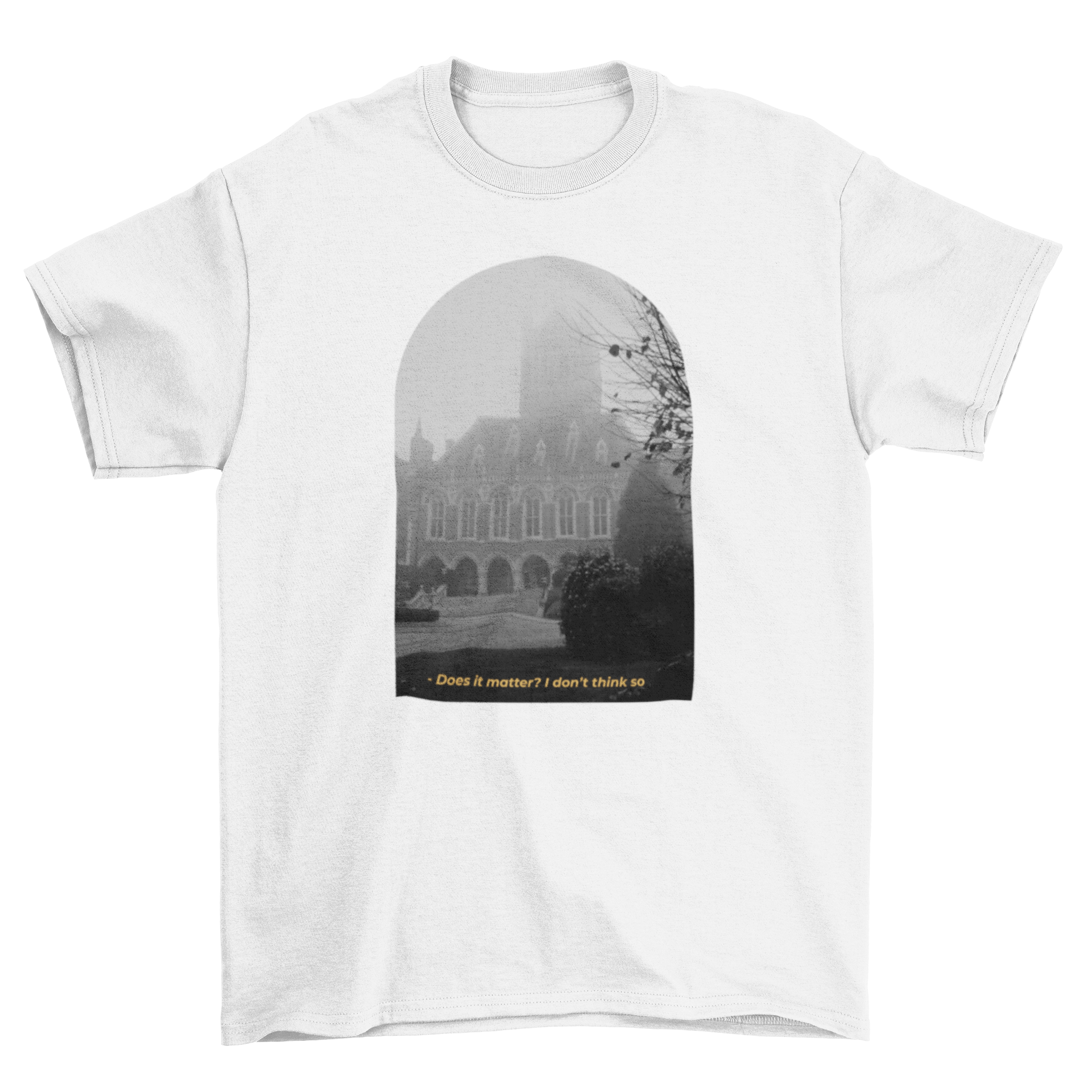 Dullcore t-shirt featuring a gloomy building design and the quote 'Does it matter? I don't think so.'