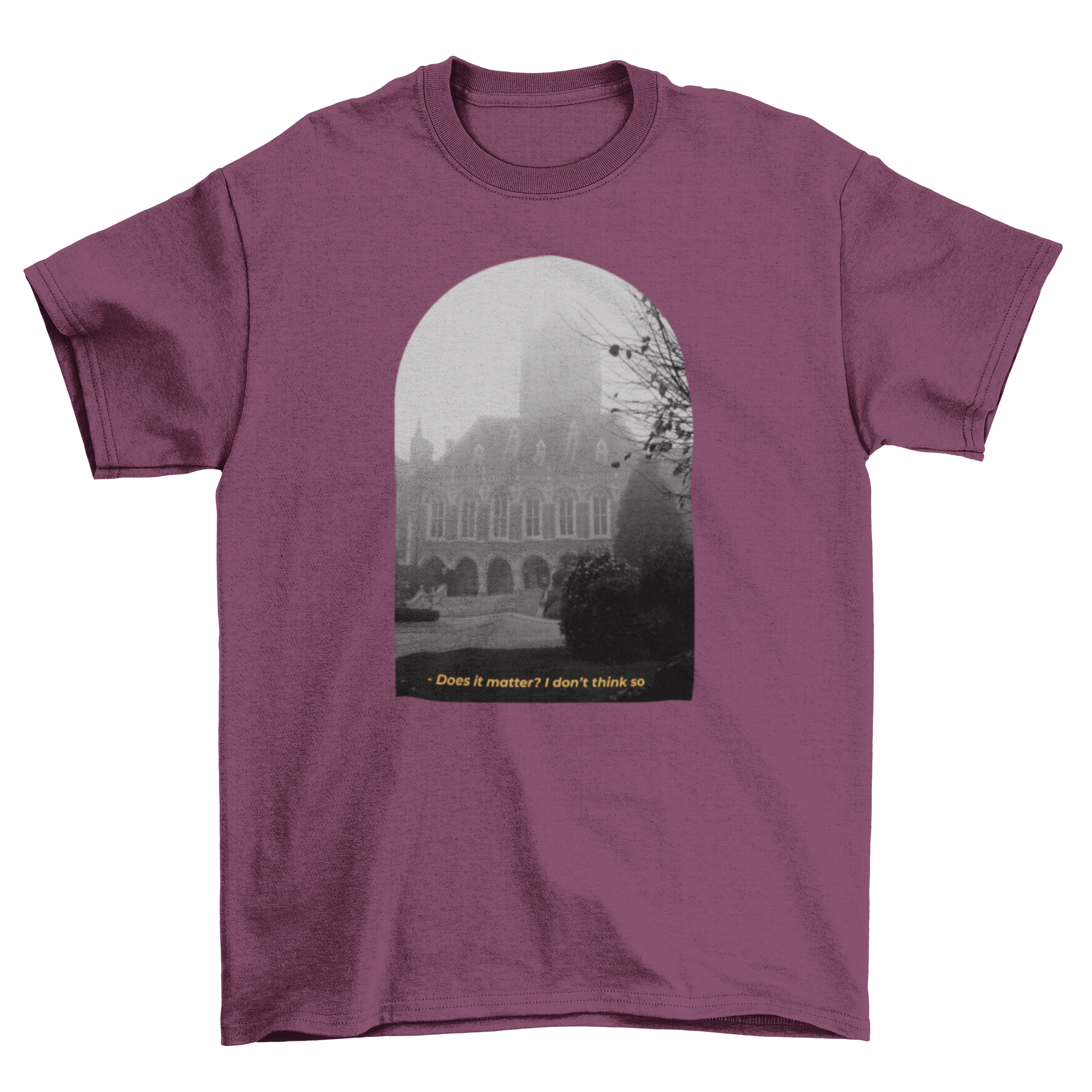 Dullcore t-shirt featuring a gloomy building design and the quote 'Does it matter? I don't think so.'