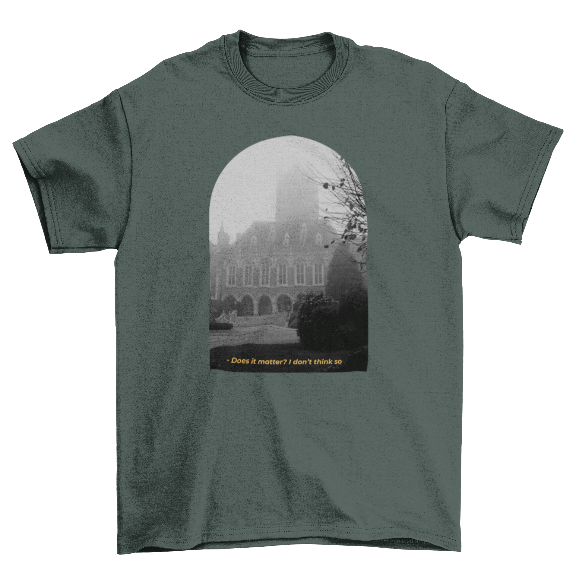 Dullcore t-shirt featuring a gloomy building design and the quote 'Does it matter? I don't think so.'