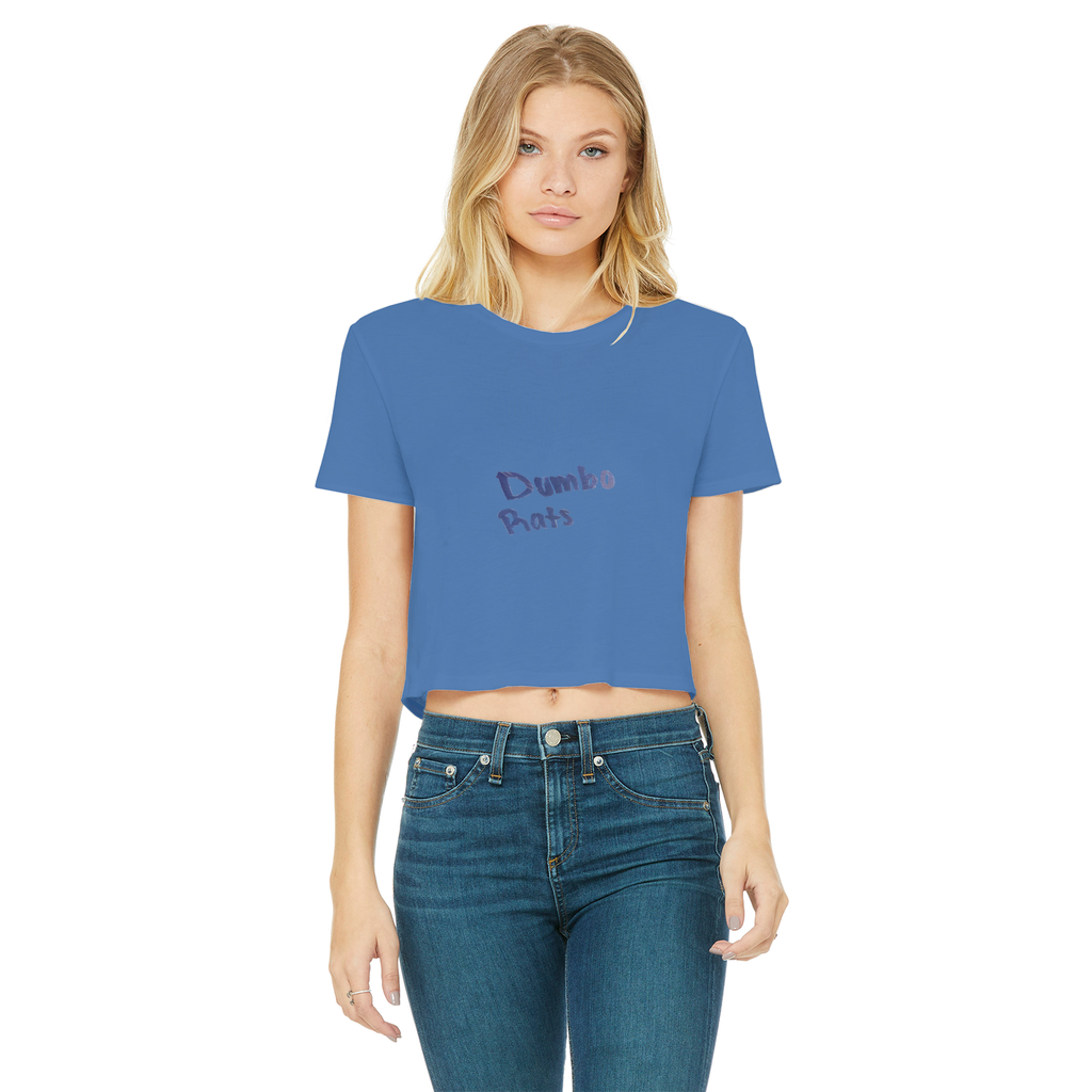 Dumbo Rats Classic Women's Cropped Raw Edge T-Shirt featuring a round neck, short sleeves, and a stylish raw edge hem in a vibrant color.